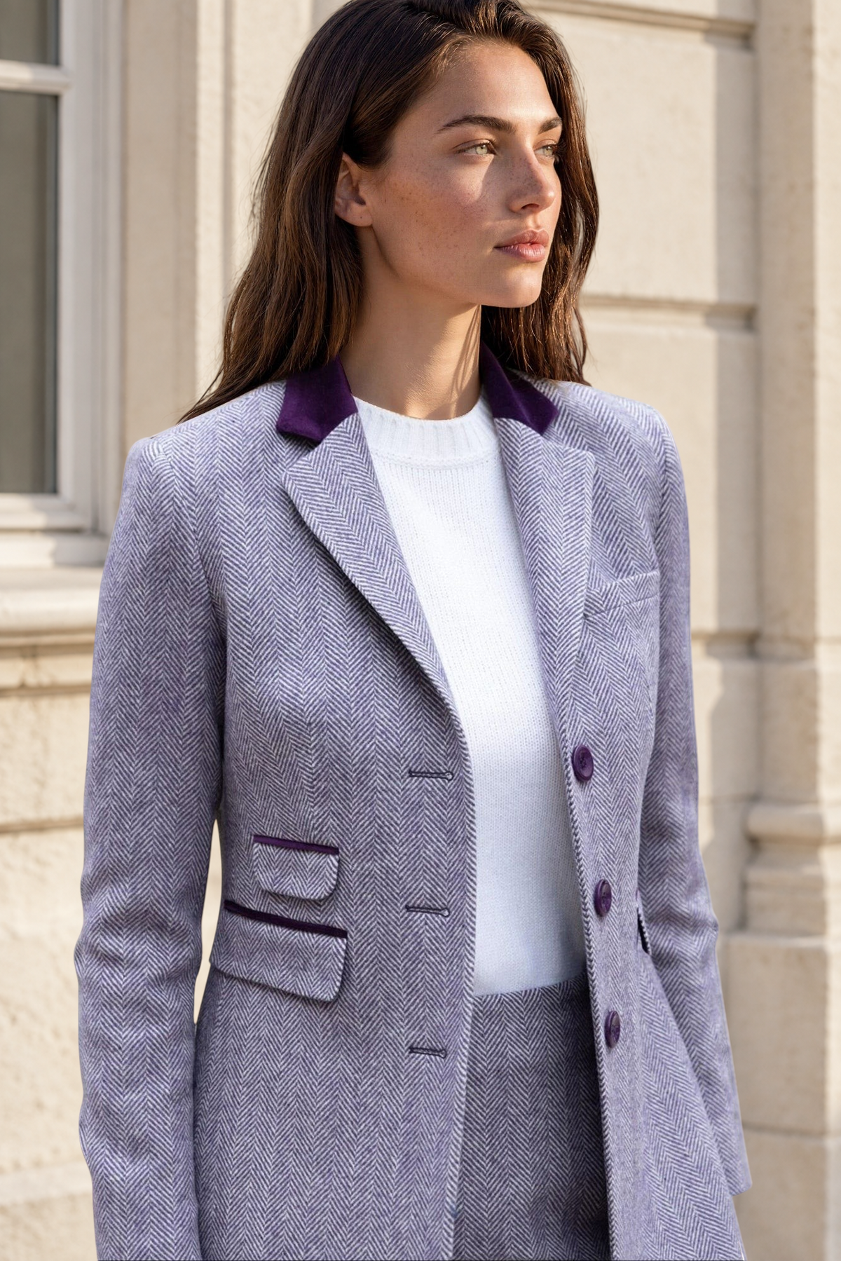 Manteau Jemma redingote 100% laine - Chevron prune-MANTEAU FEMME-Curling-Paris