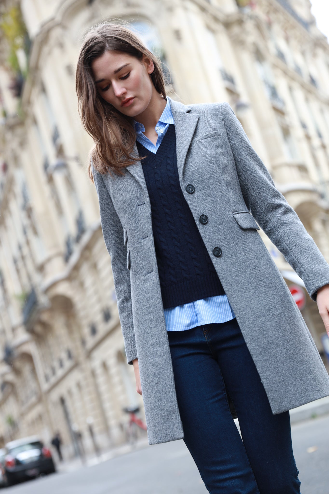 Manteau Jemma redingote en laine et Cachemire - Chevron Gris-MANTEAU FEMME-Curling-Paris