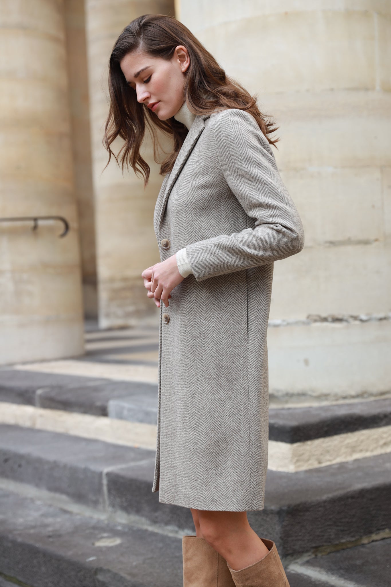 Manteau Léontine en Laine à chevron - Beige-MANTEAU FEMME-Curling-Paris