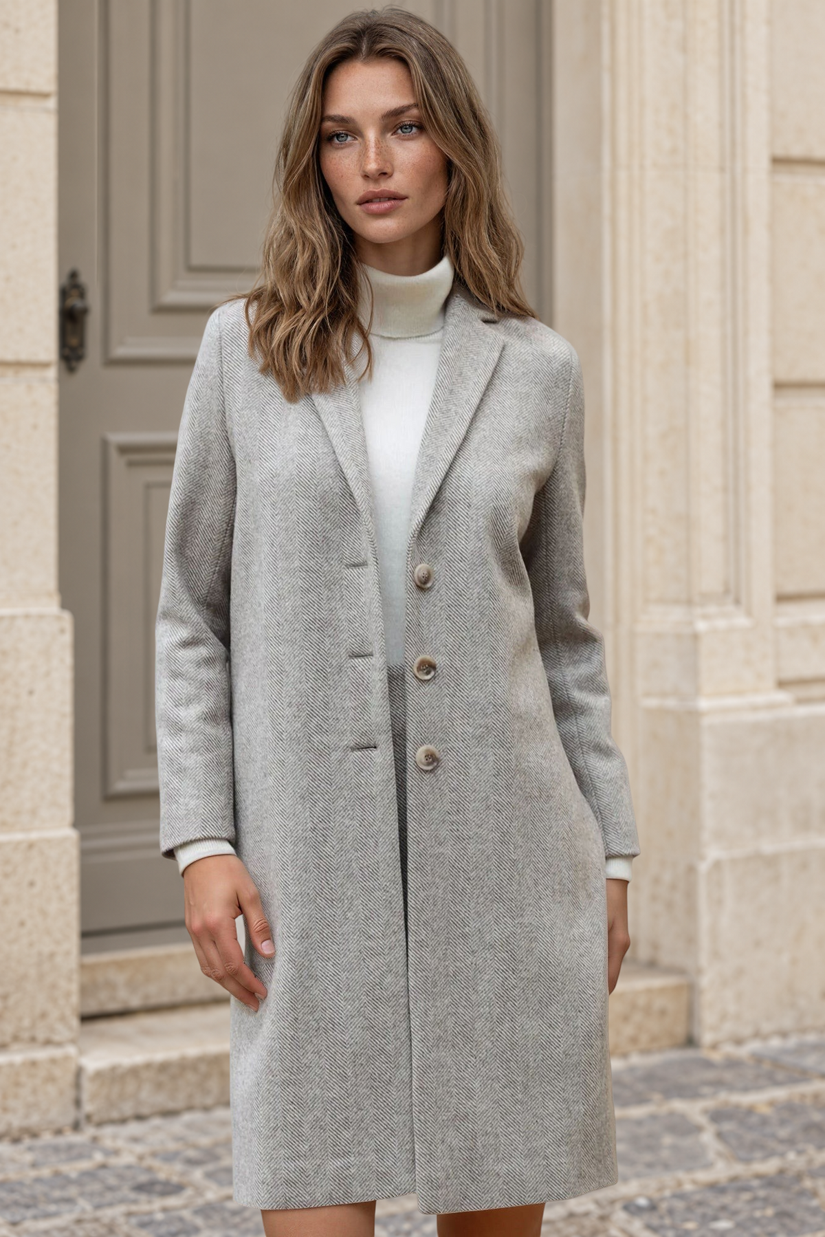 Manteau Léontine en Laine à chevron - Beige-MANTEAU FEMME-Curling-Paris