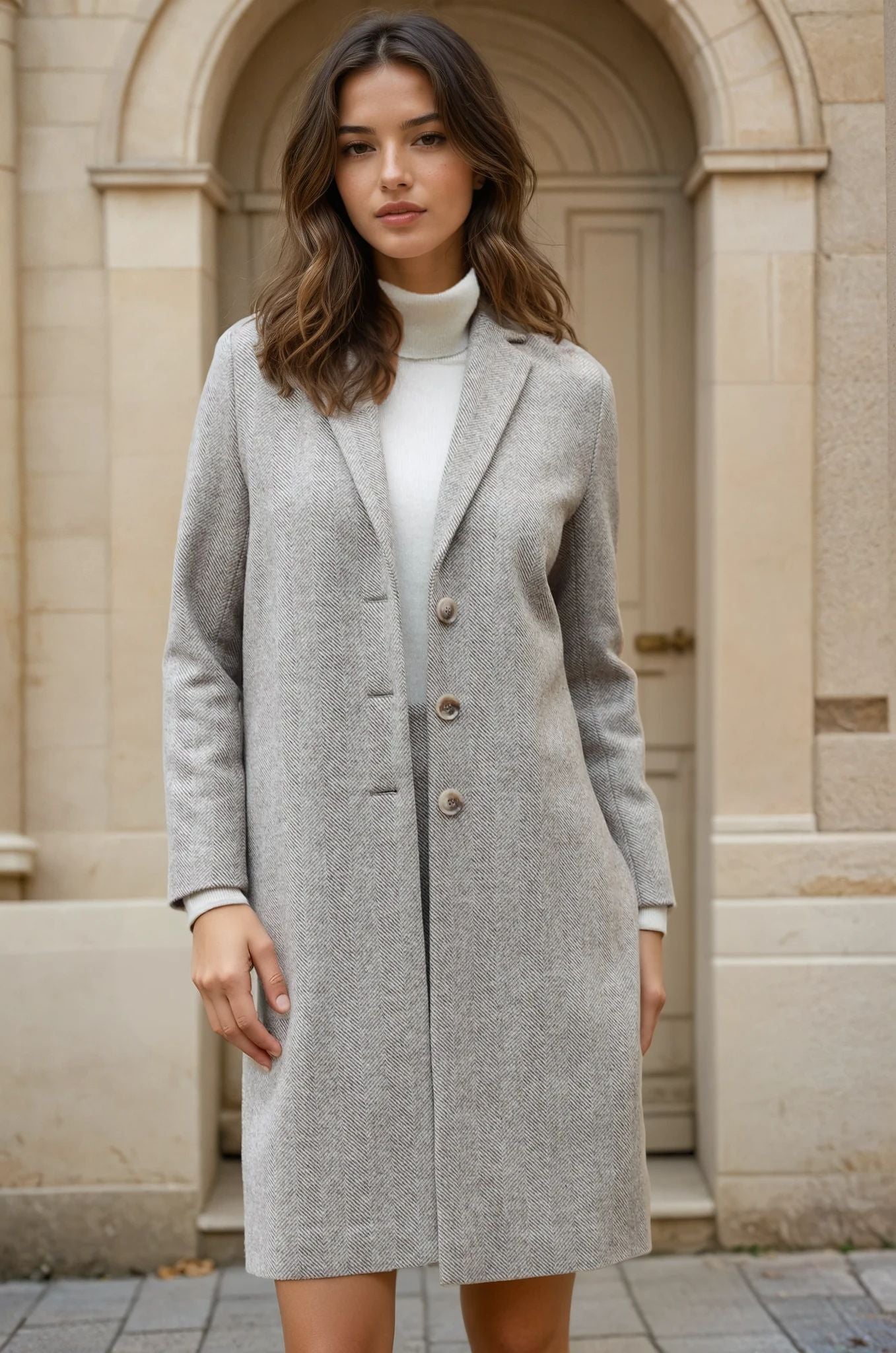 Manteau Léontine en Laine à chevron - Beige-MANTEAU FEMME-Curling-Paris