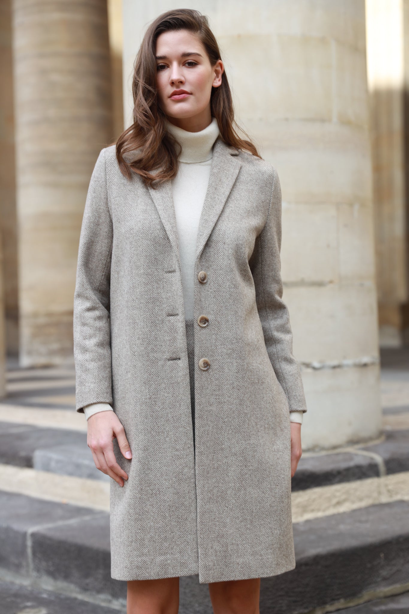 Manteau Léontine en Laine à chevron - Beige-MANTEAU FEMME-Curling-Paris