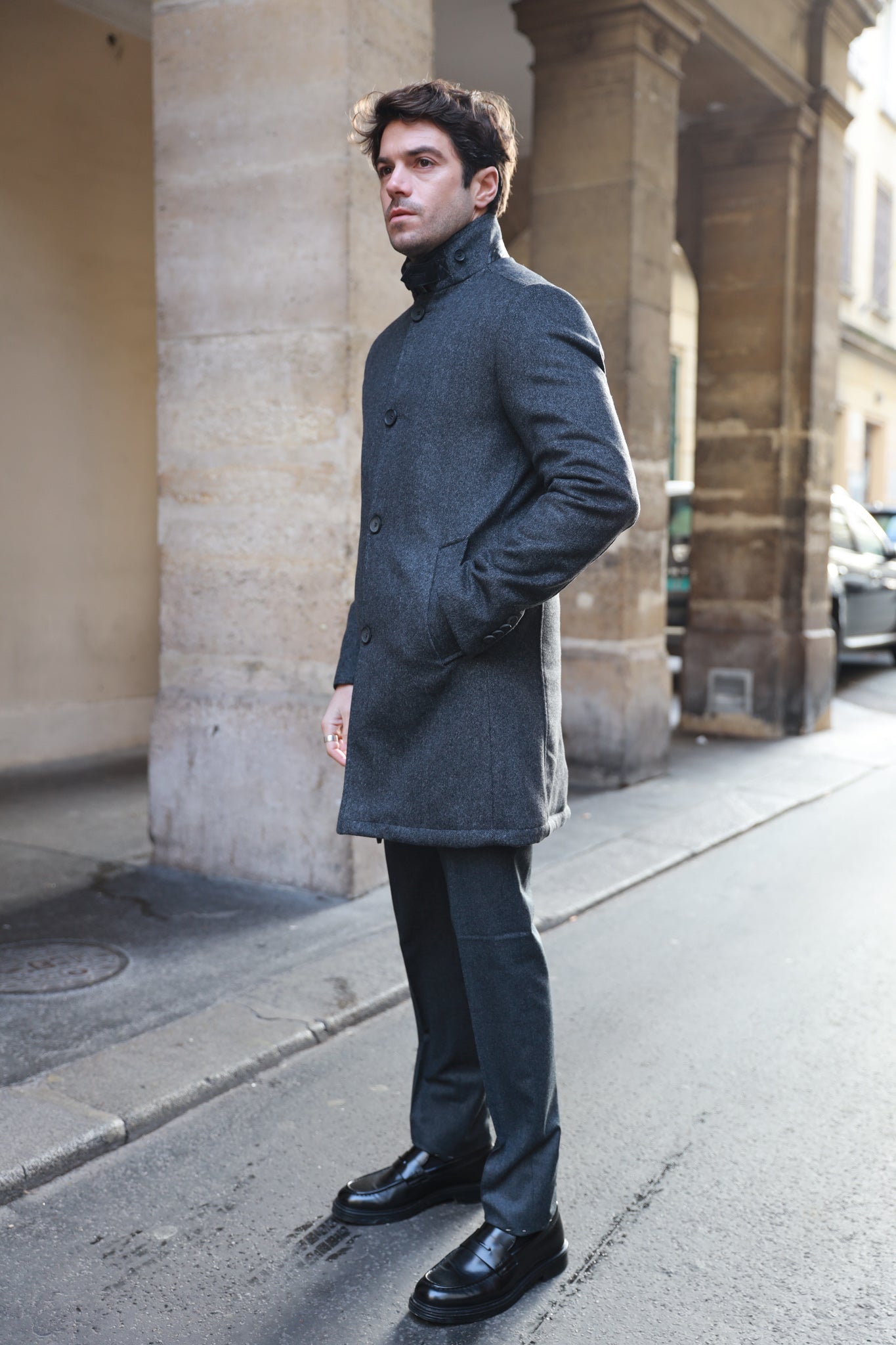 Manteau homme en laine & cachemire gris anthracite - Curling Paris