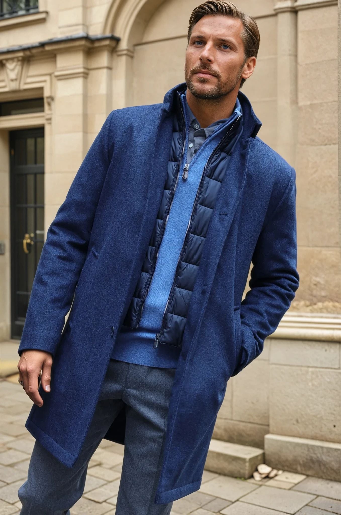 Manteau Windsor en laine & cachemire - chevron bleu-MANTEAU HOMME-Curling-Paris
