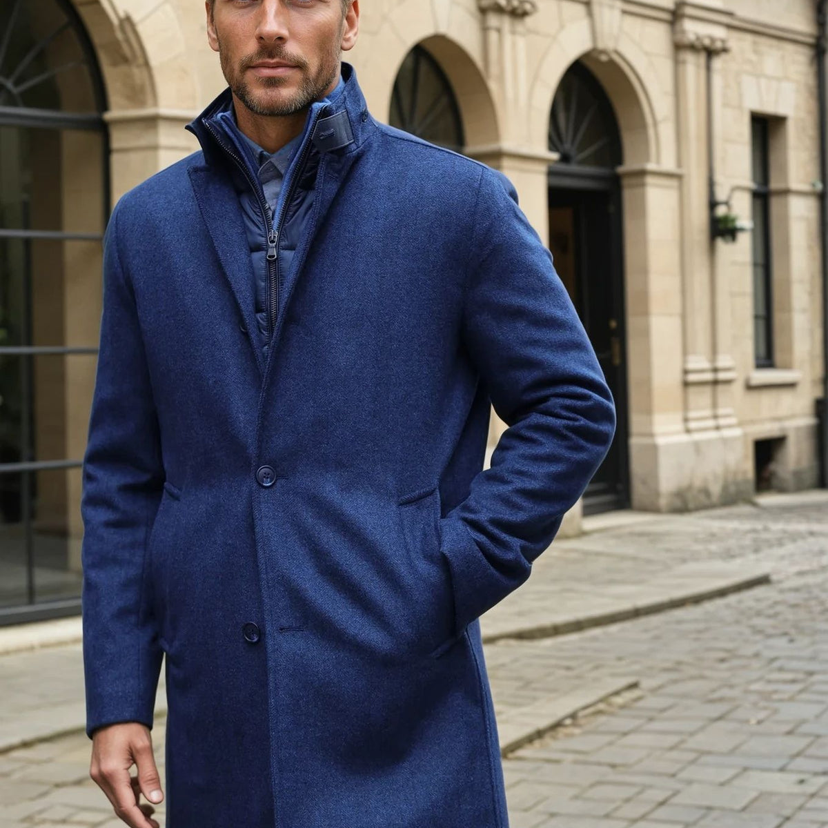 Windsor wool cashmere coat blue herringbone - Main Image