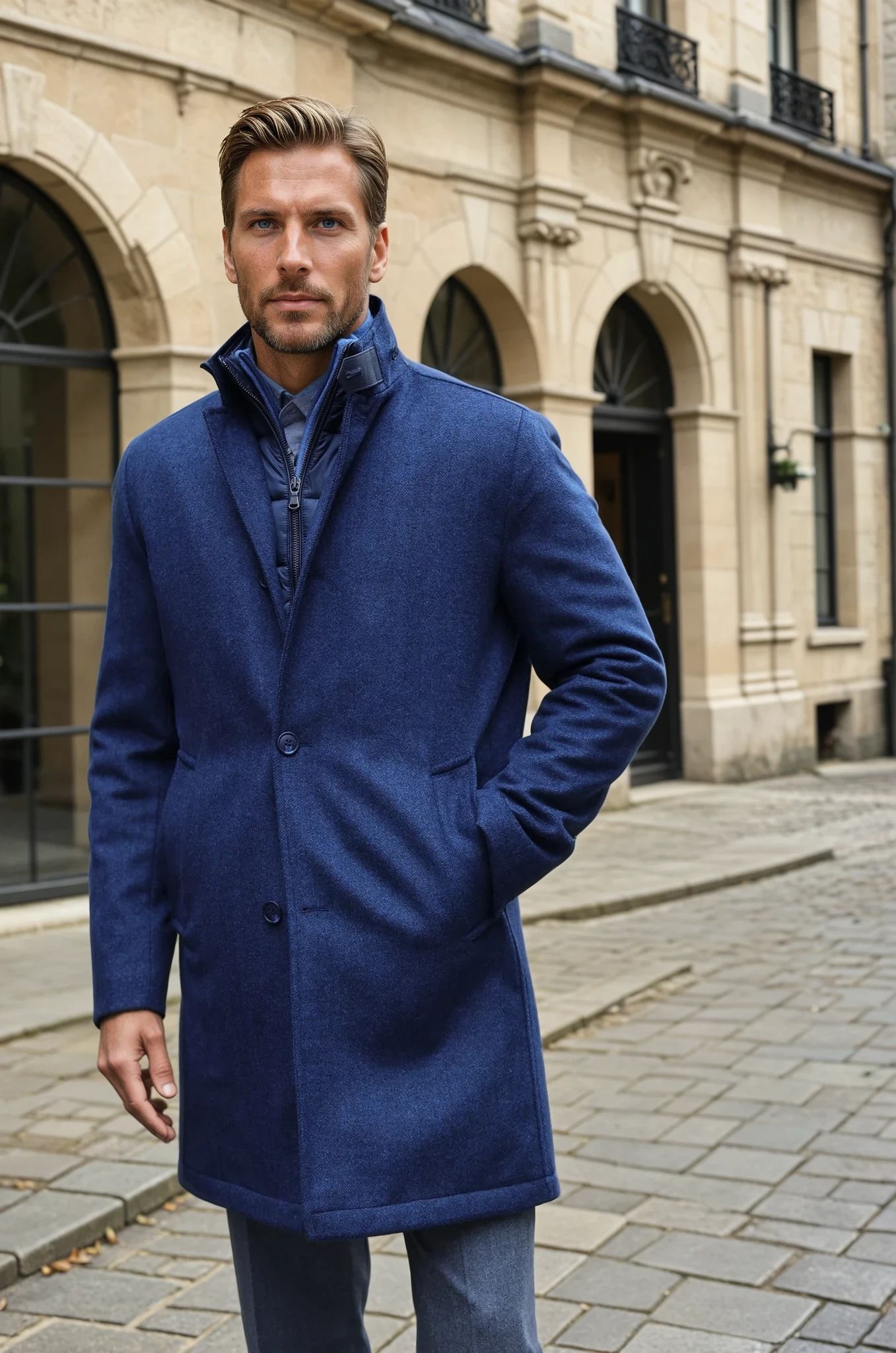 Manteau Windsor en laine & cachemire - chevron bleu-MANTEAU HOMME-Curling-Paris