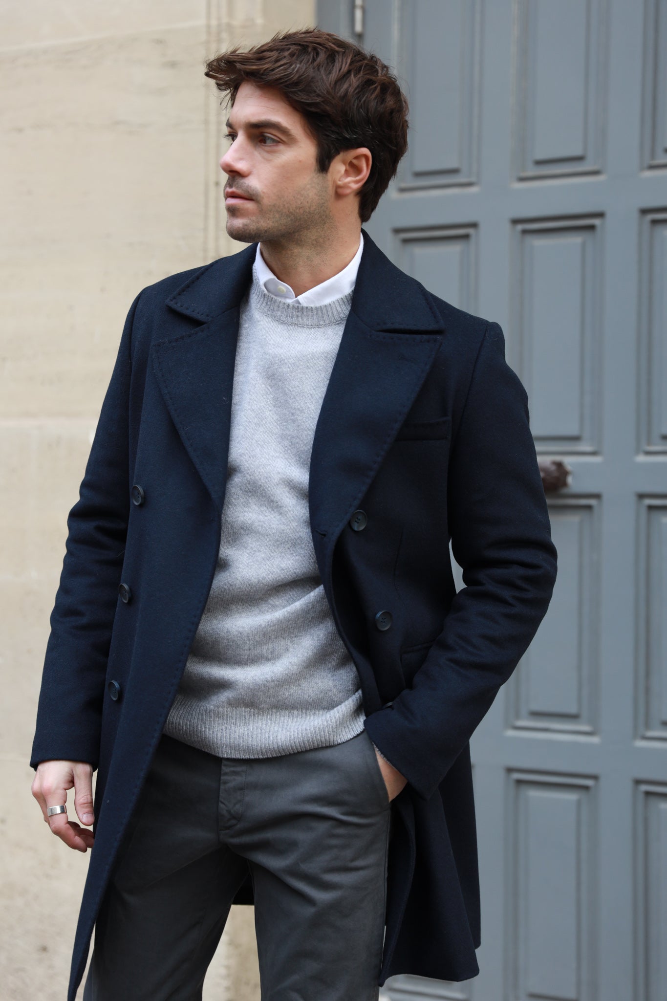 Manteau croisé en laine & cachemire - Marine-MANTEAU HOMME-Curling-Paris