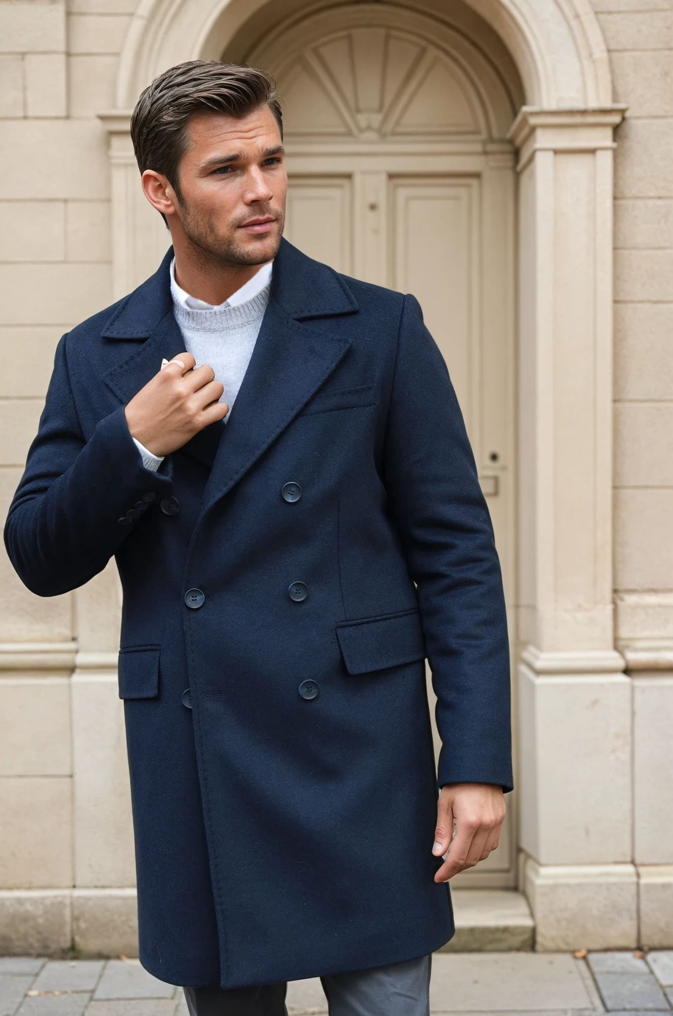 Manteau croisé en laine & cachemire - Marine-MANTEAU HOMME-Curling-Paris