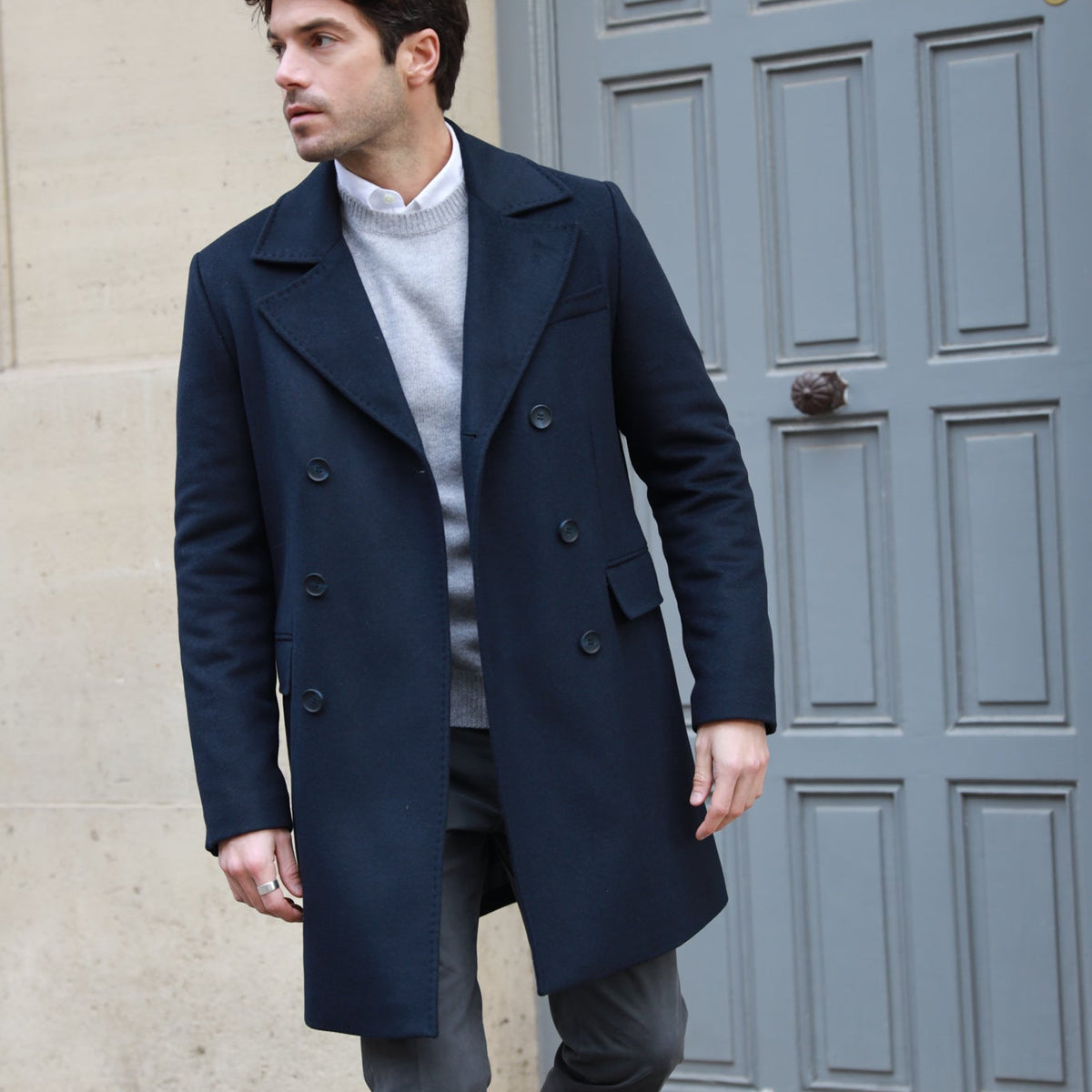 Veste Trench Homme Bleu Manteau Homme Laine Cachemire Chevron Bleu