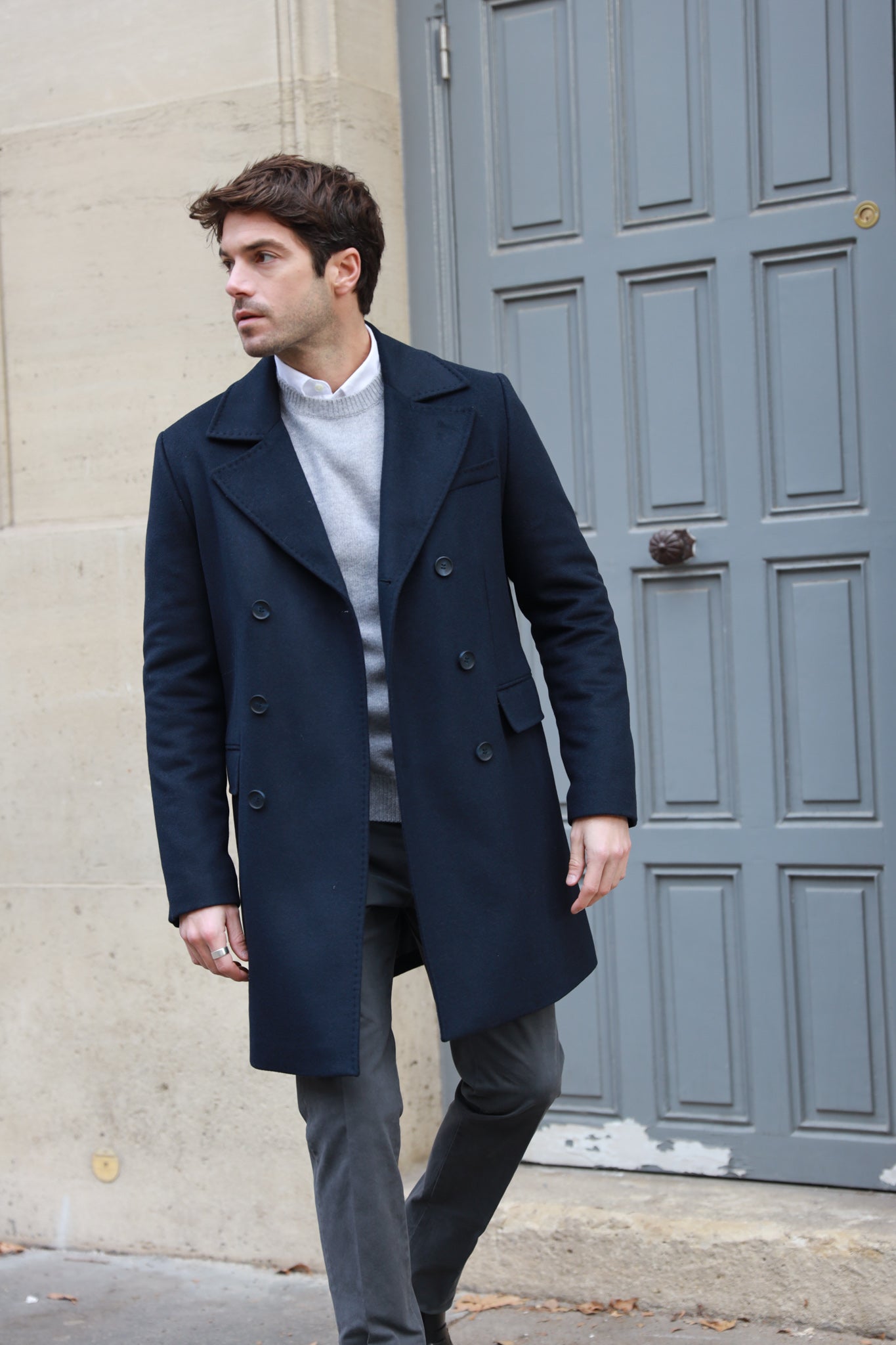 Manteau croisé en laine & cachemire - Marine-MANTEAU HOMME-Curling-Paris