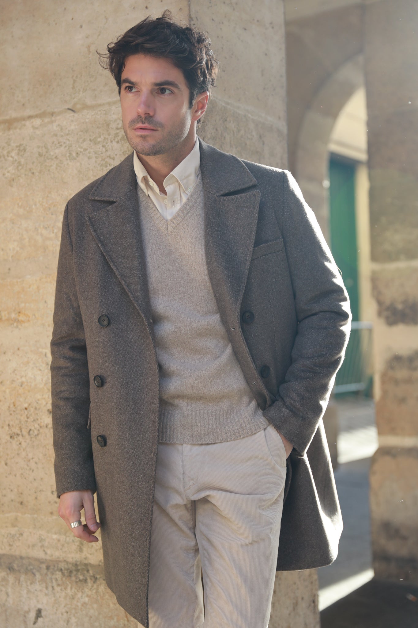 Manteau croisé en laine & cachemire - Mushroom-MANTEAU HOMME-Curling-Paris