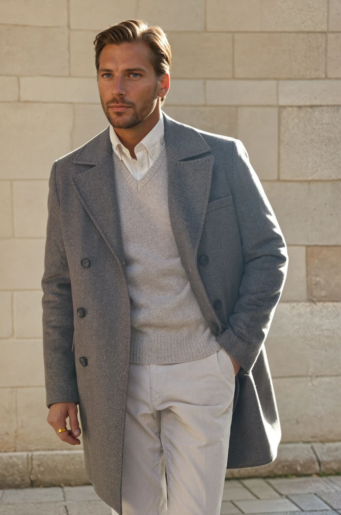 Manteau croisé en laine & cachemire - Mushroom-MANTEAU HOMME-Curling-Paris