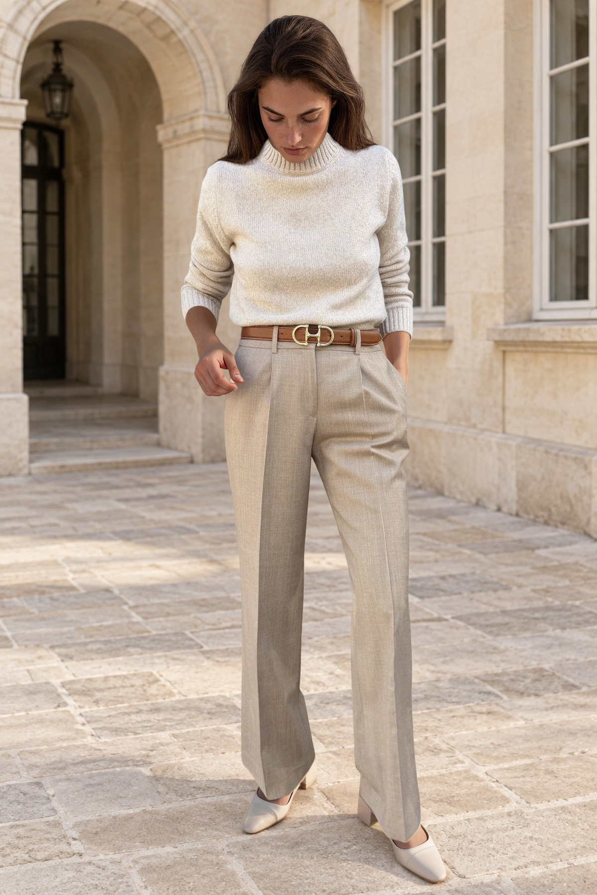 Pantalon Audrey en flanelle - Beige-PANTALON FEMME-Curling-Paris