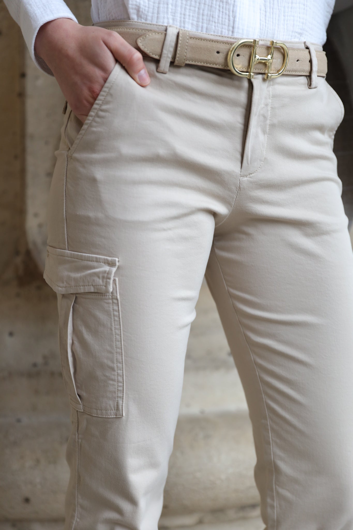 Pantalon Cargo en coton stretch - Beige-PANTALON FEMME-Curling-Paris