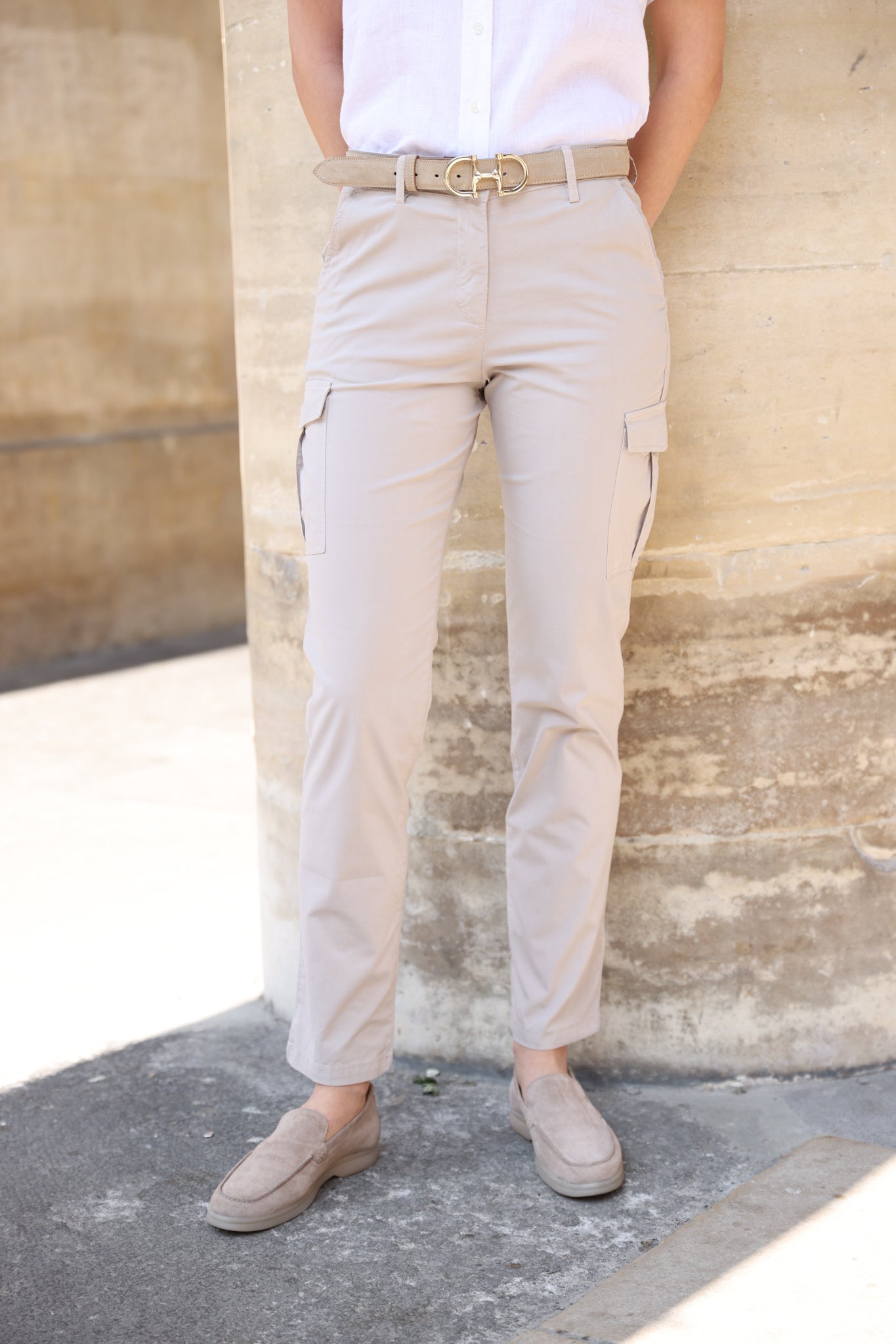 Pantalon Cargo en popeline de coton stretch - Beige-PANTALON FEMME-Curling-Paris