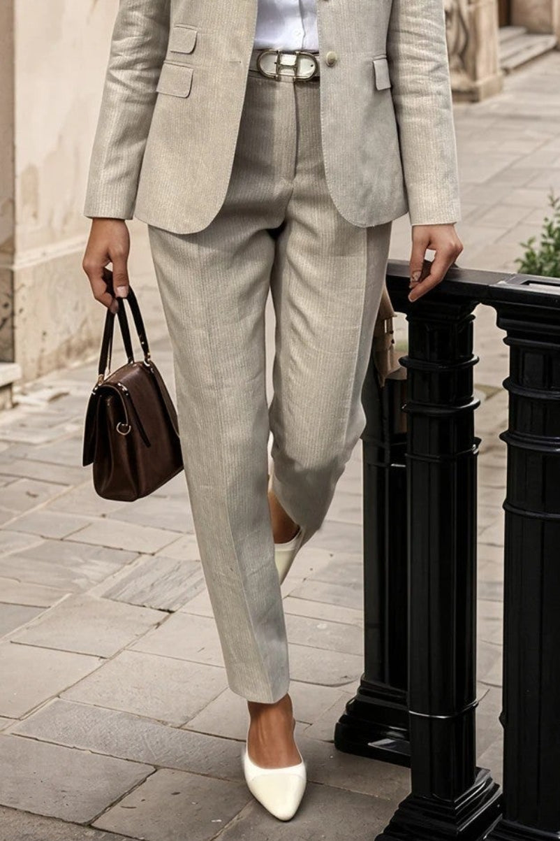 Pantalon Eliot en lin - Rayure beige-PANTALON FEMME-Curling-Paris