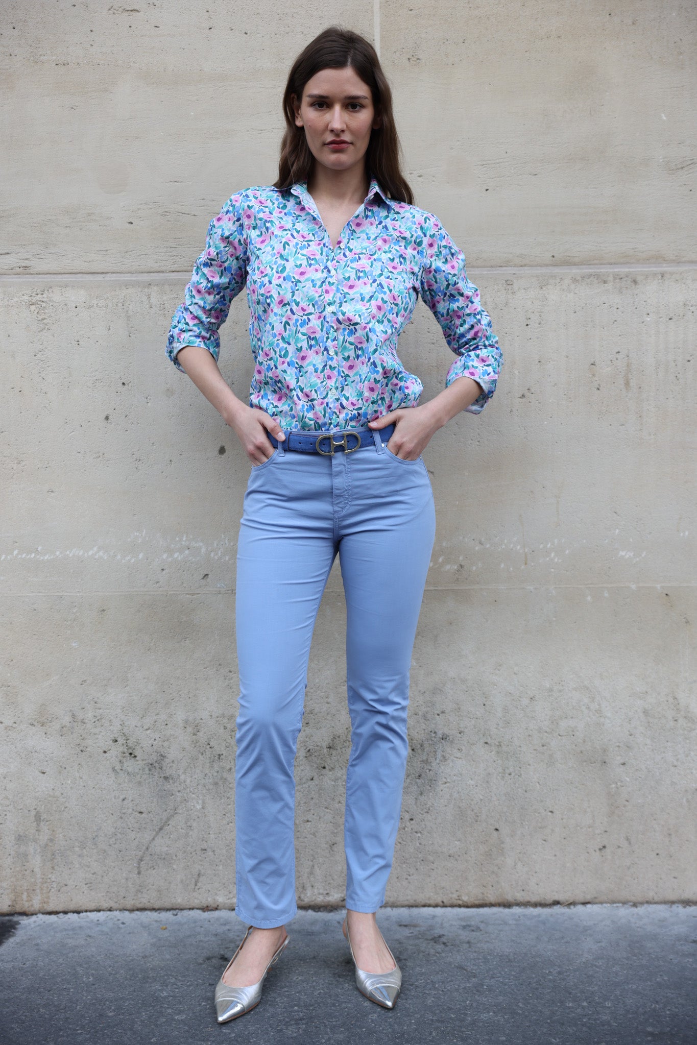 Pantalon Josh en popeline de coton stretch - Bleu-PANTALON FEMME-Curling-Paris