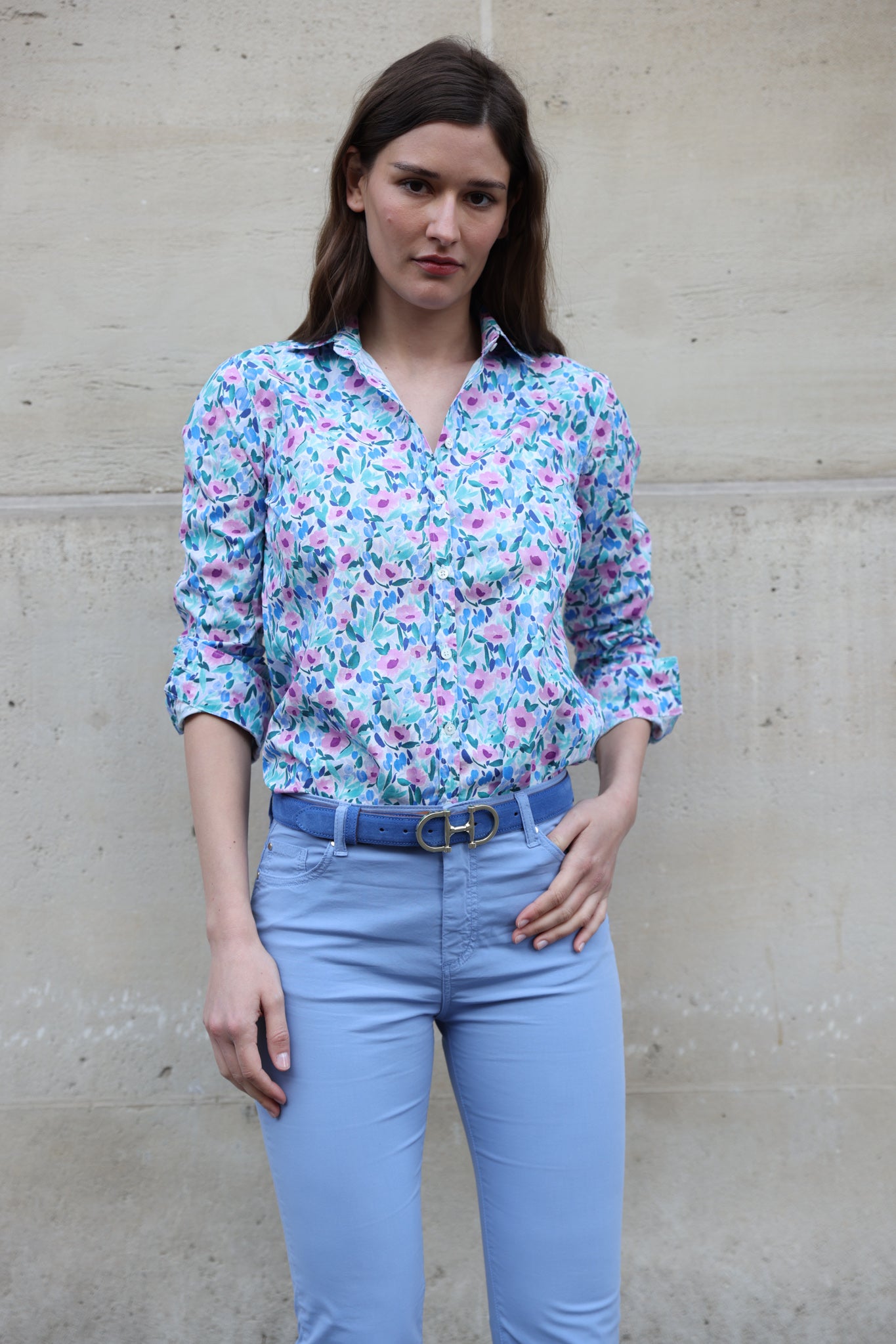Pantalon Josh en popeline de coton stretch - Bleu-PANTALON FEMME-Curling-Paris
