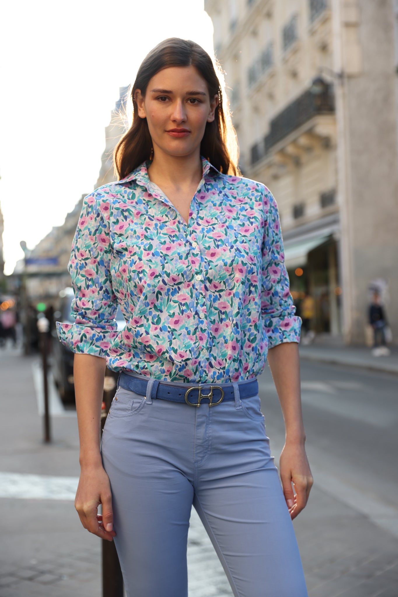 Pantalon Josh en popeline de coton stretch - Bleu-PANTALON FEMME-Curling-Paris