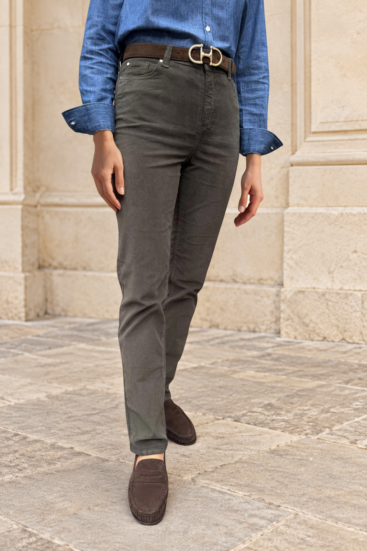 Pantalon Josh en velours milleraies stretch - Kaki foncé-PANTALON FEMME-Curling-Paris