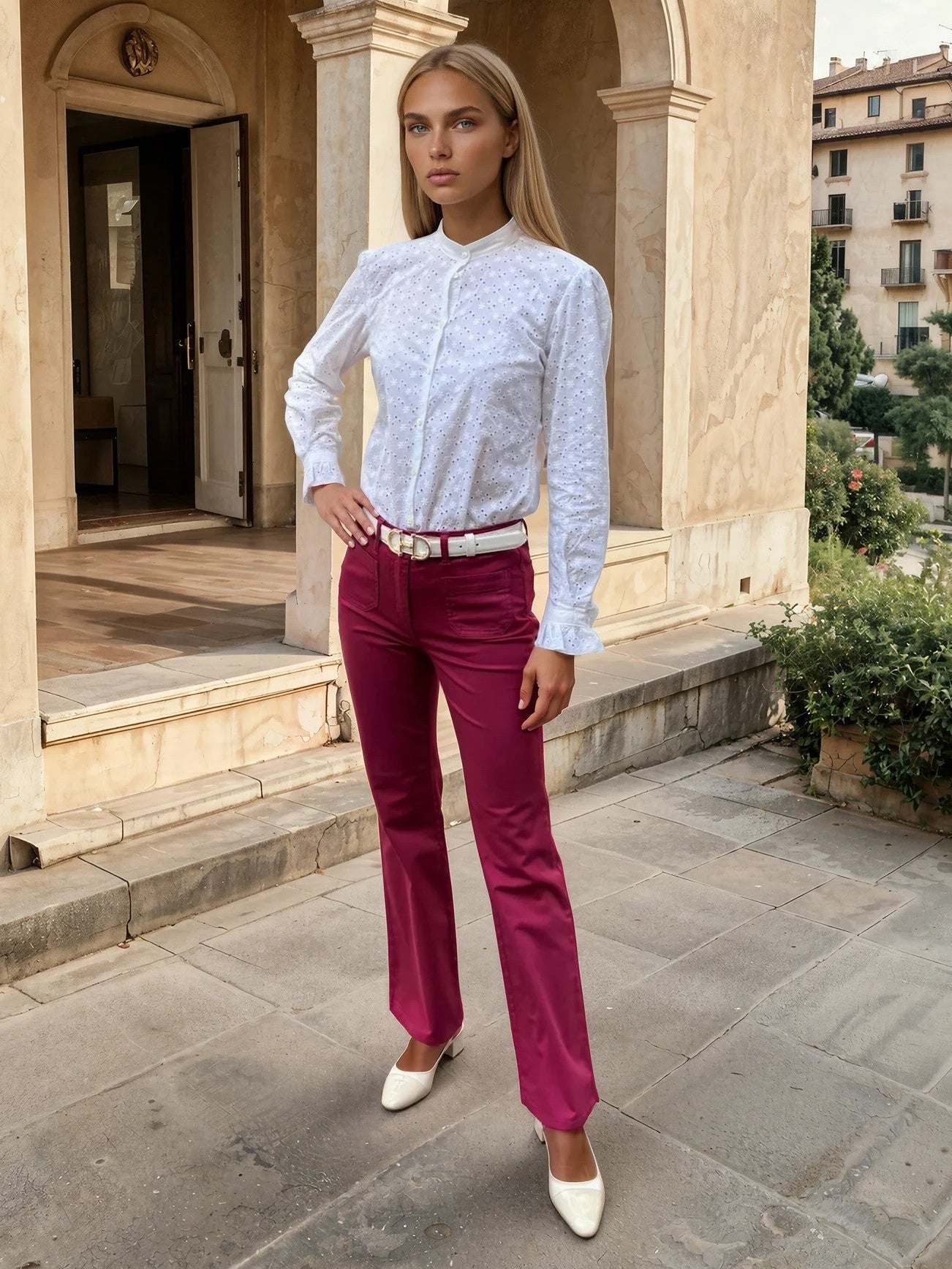 Pantalon Oscar en popeline de coton stretch - Groseille-PANTALON FEMME-Curling-Paris