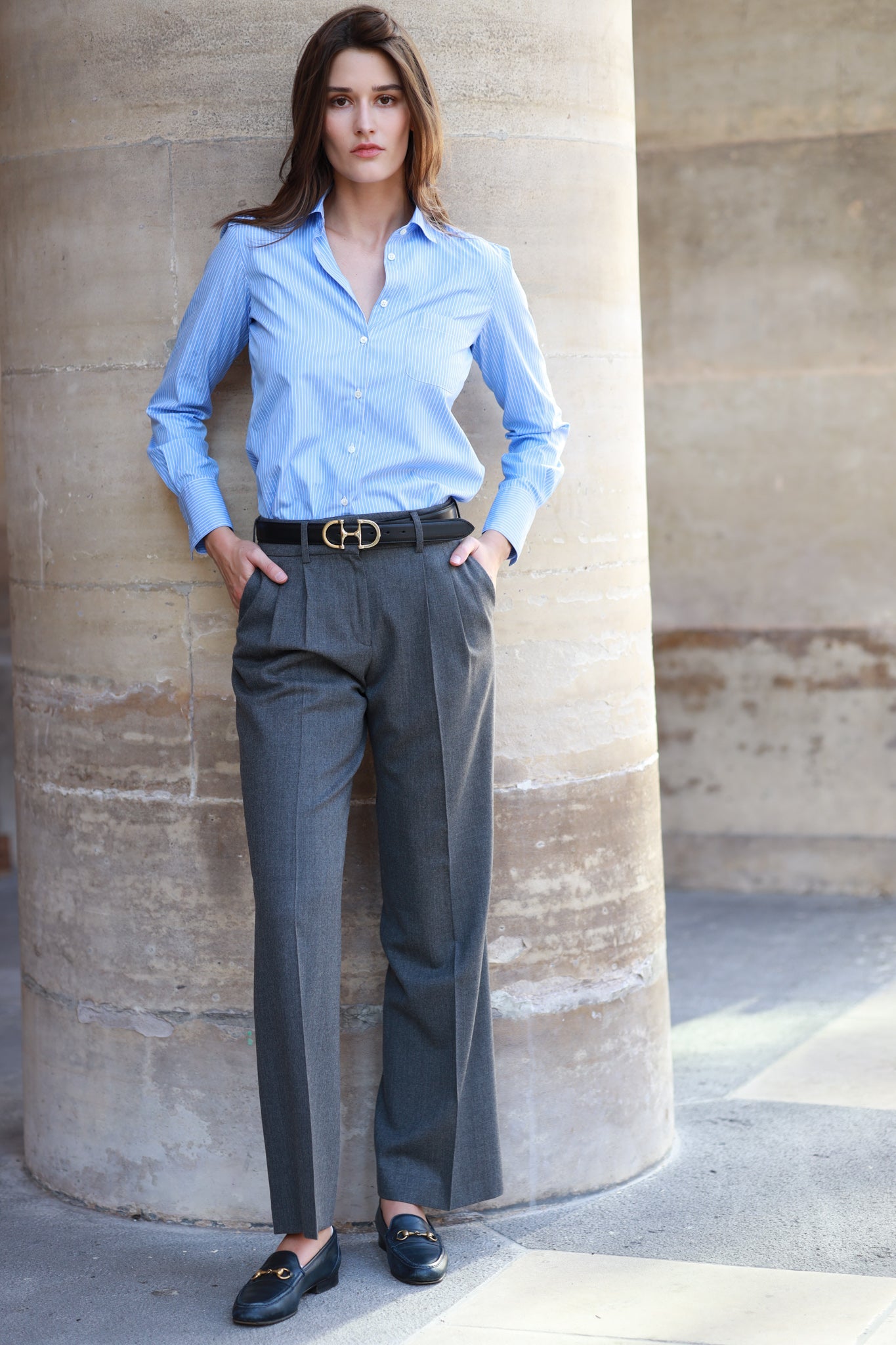 Pantalon à pinces Gaby en flanelle de laine - Gris-PANTALON FEMME-Curling-Paris