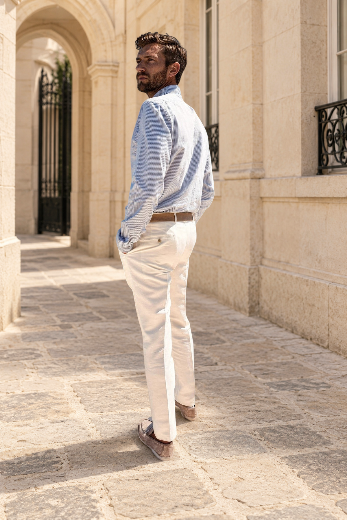Pantalon à pinces Henri en lin et coton - Blanc-PANTALON HOMME-Curling-Paris