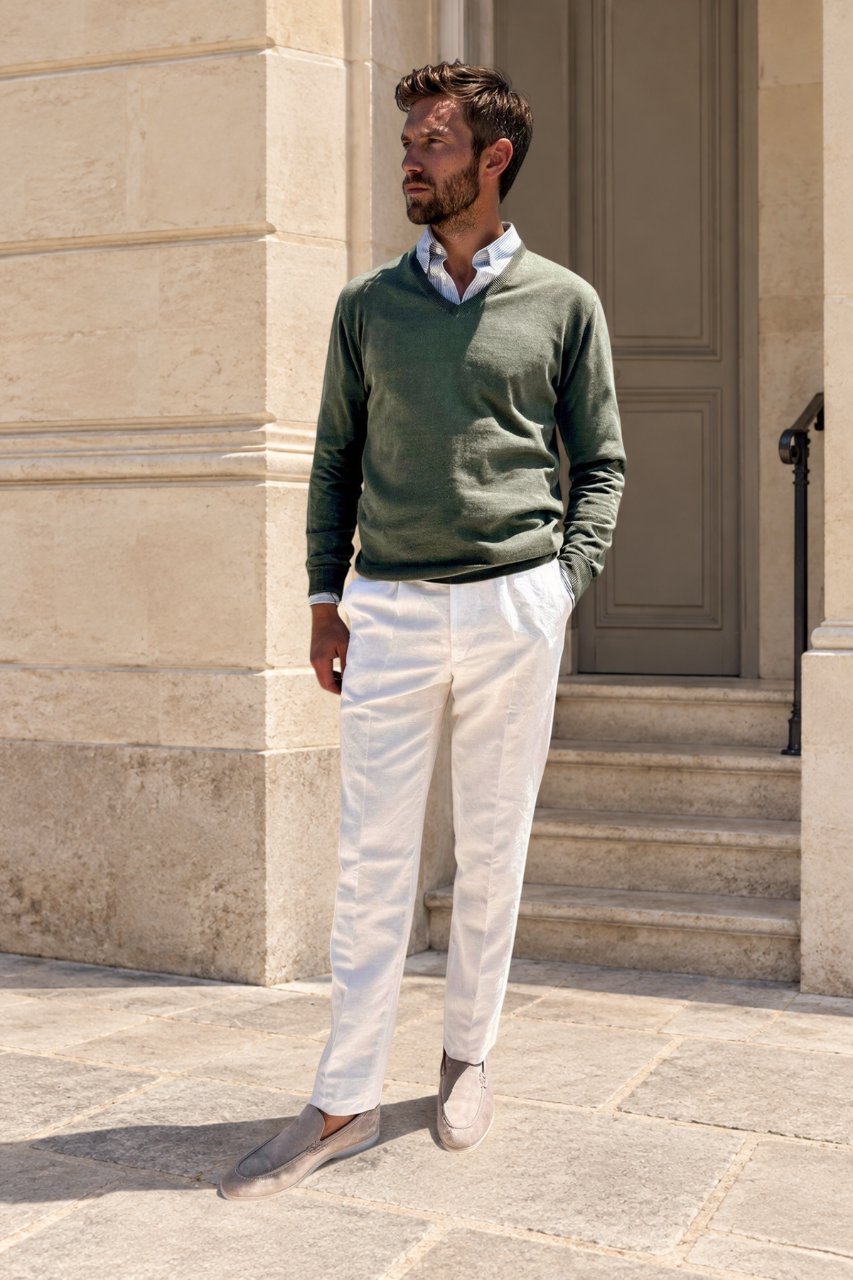Pantalon à pinces Henri en lin et coton - Blanc-PANTALON HOMME-Curling-Paris