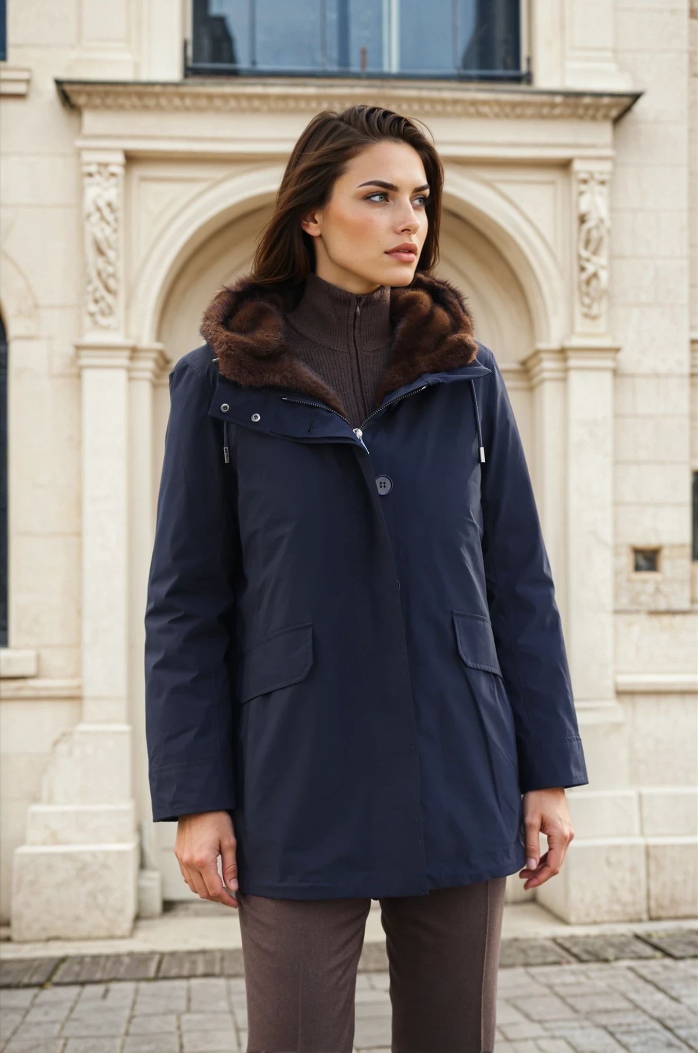 Parka 2 en 1 en plume et eco fourrure - Marine-MANTEAU FEMME-Curling-Paris