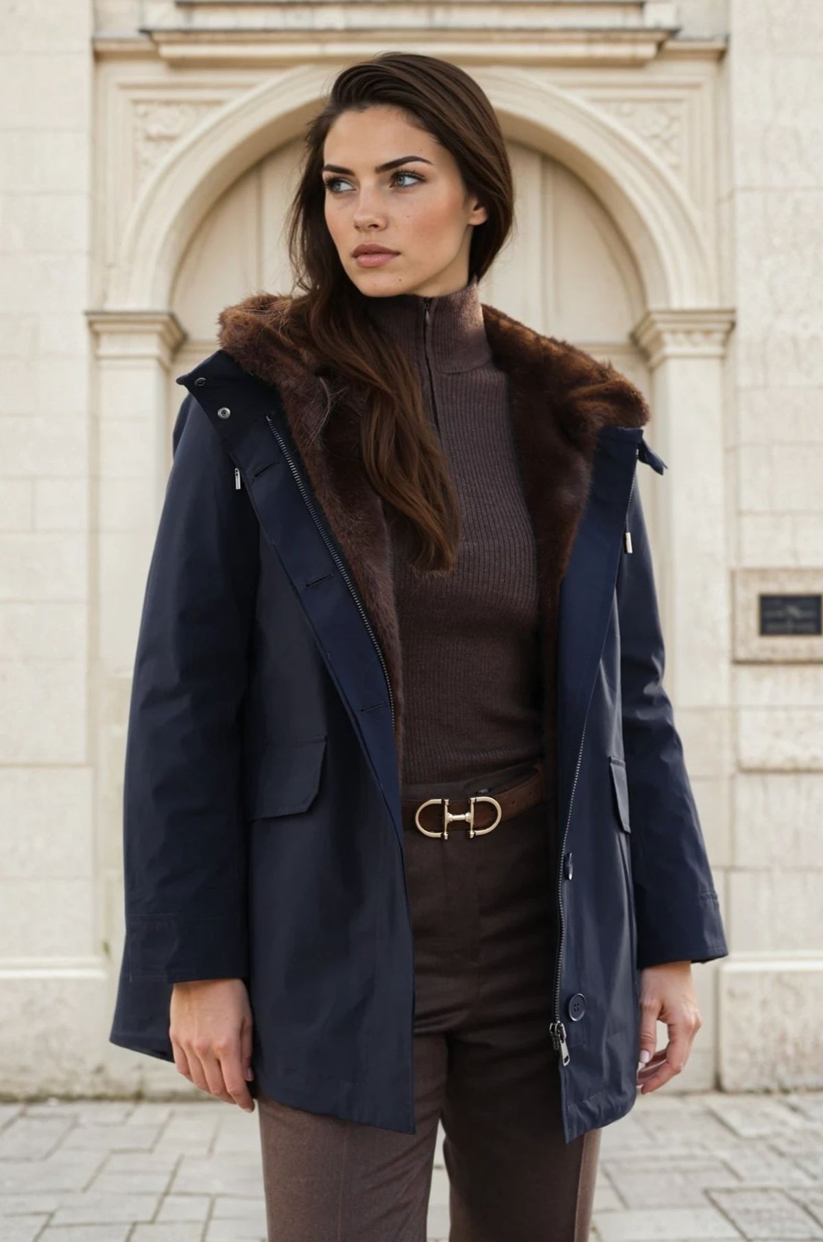 Parka 2 en 1 en plume et eco fourrure - Marine-MANTEAU FEMME-Curling-Paris