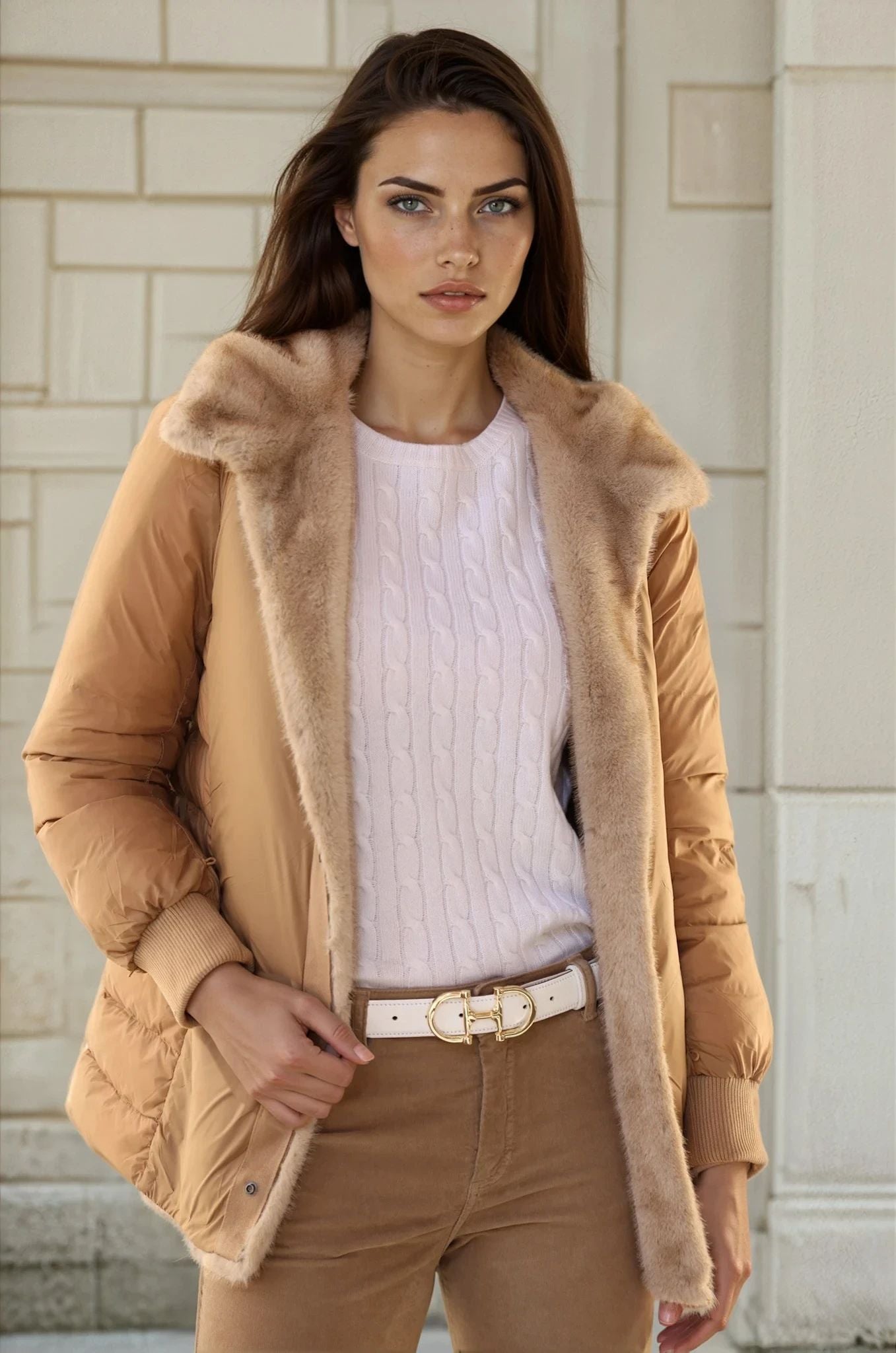 Parka Patricia 2 en 1 en plume et eco fourrure - Camel clair-MANTEAU FEMME-Curling-Paris