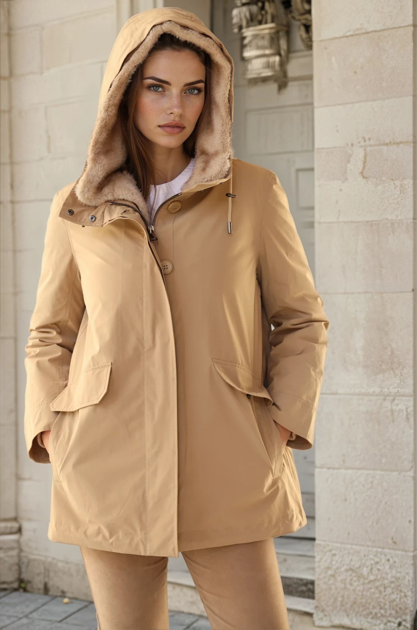 Parka Patricia 2 en 1 en plume et eco fourrure - Camel clair-MANTEAU FEMME-Curling-Paris
