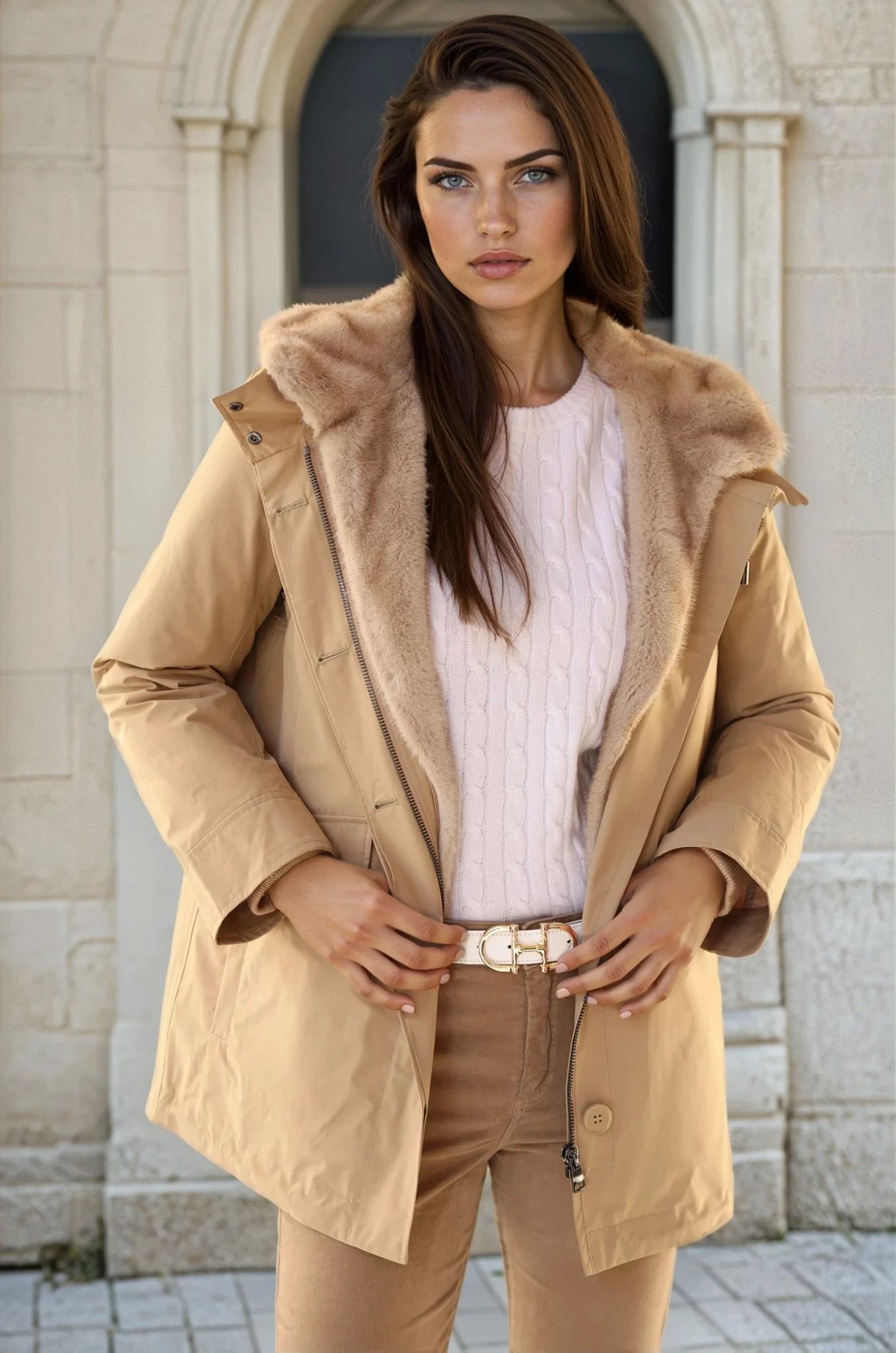 Parka Patricia 2 en 1 en plume et eco fourrure - Camel clair-MANTEAU FEMME-Curling-Paris