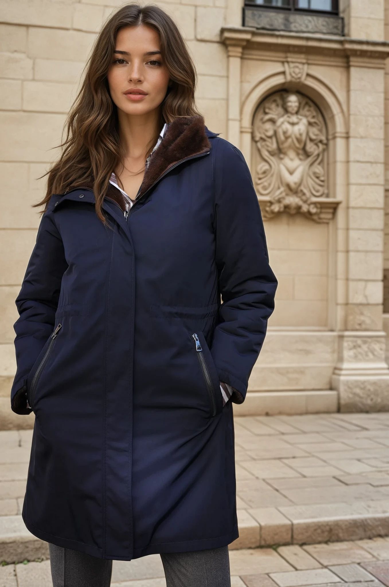 Parka réversible Camille en nylon et éco fourrure - Marine / Marron-MANTEAU FEMME-Curling-Paris