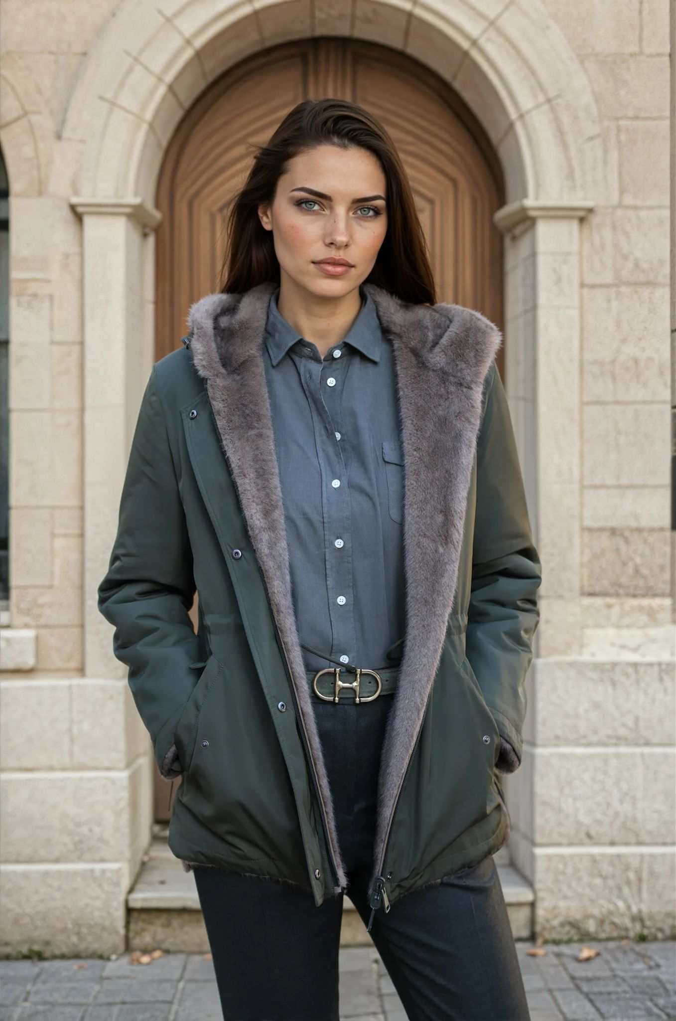 Parka réversible Kate en nylon et éco fourrure - Kaki / Moka-MANTEAU FEMME-Curling-Paris