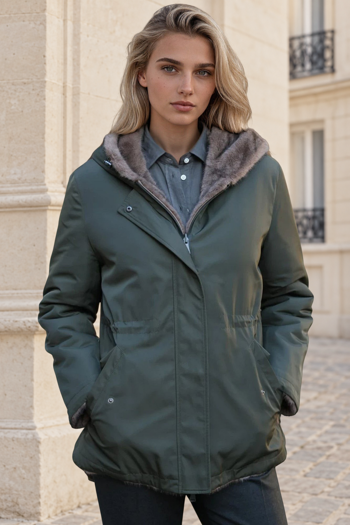 Parka réversible Kate en nylon et éco fourrure - Kaki / Moka-MANTEAU FEMME-Curling-Paris