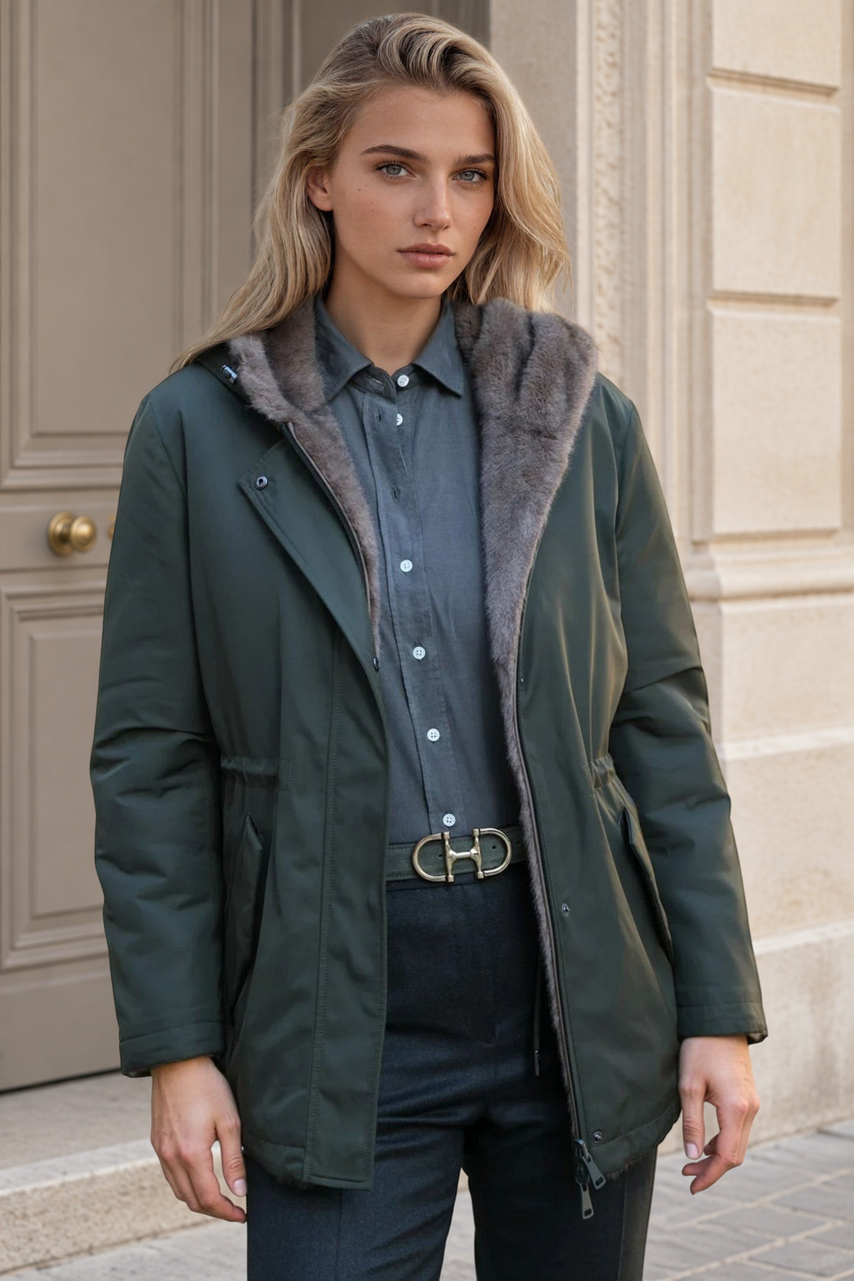 Parka réversible Kate en nylon et éco fourrure - Kaki / Moka-MANTEAU FEMME-Curling-Paris
