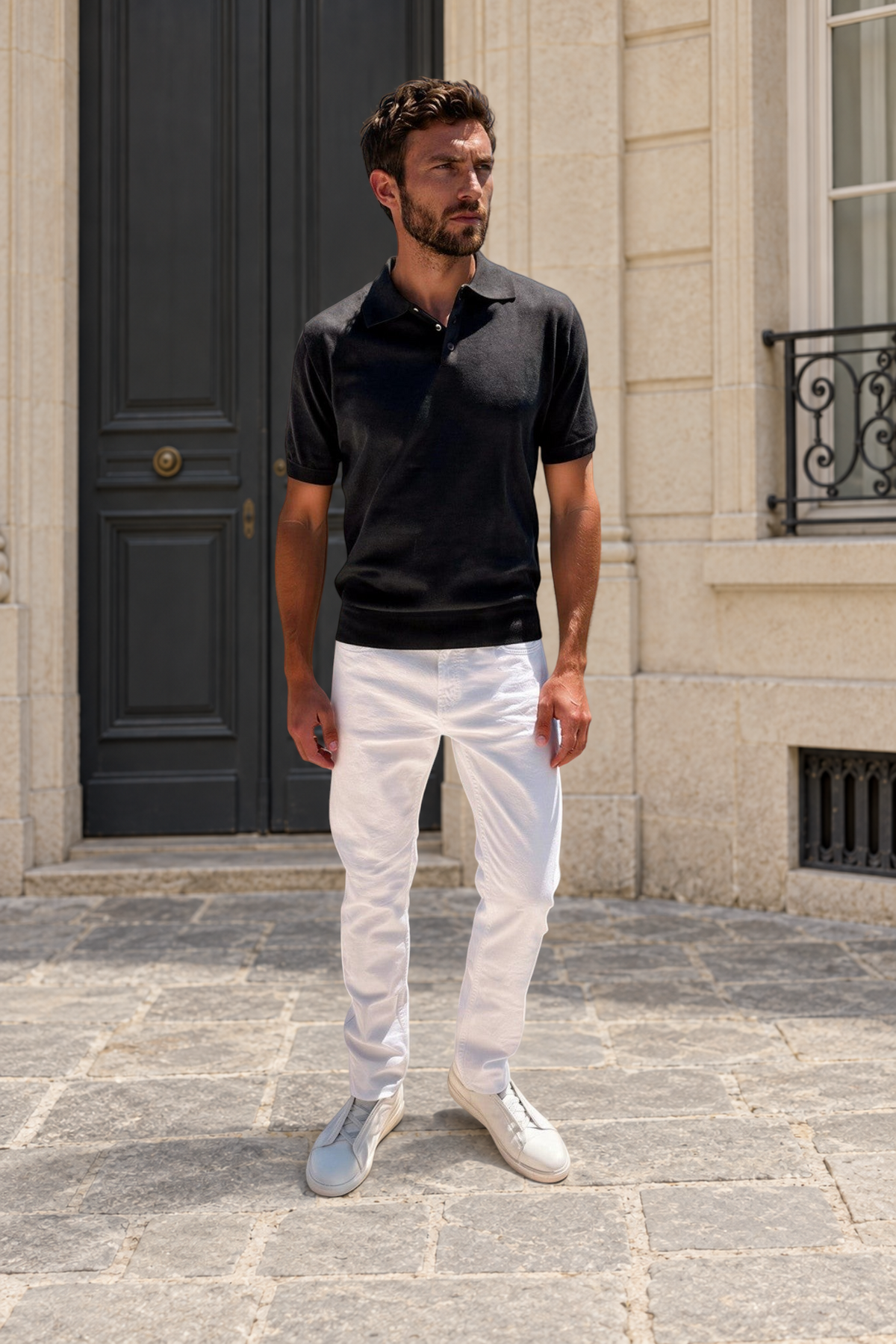 Polo Gabriel en maille de coton - Noir-POLO HOMME-Curling-Paris