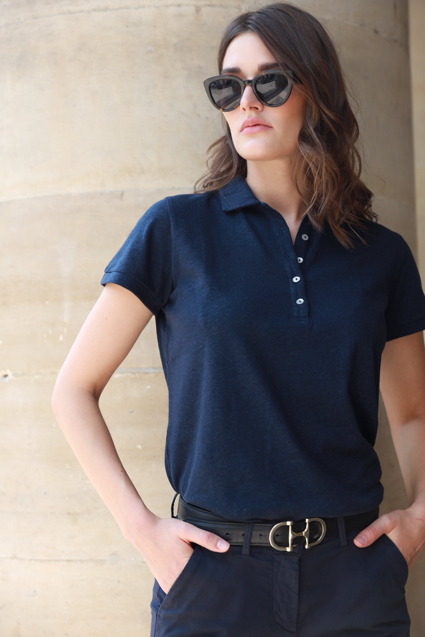 Polo en coton & lin - Marine-T-SHIRT FEMME-Curling-Paris