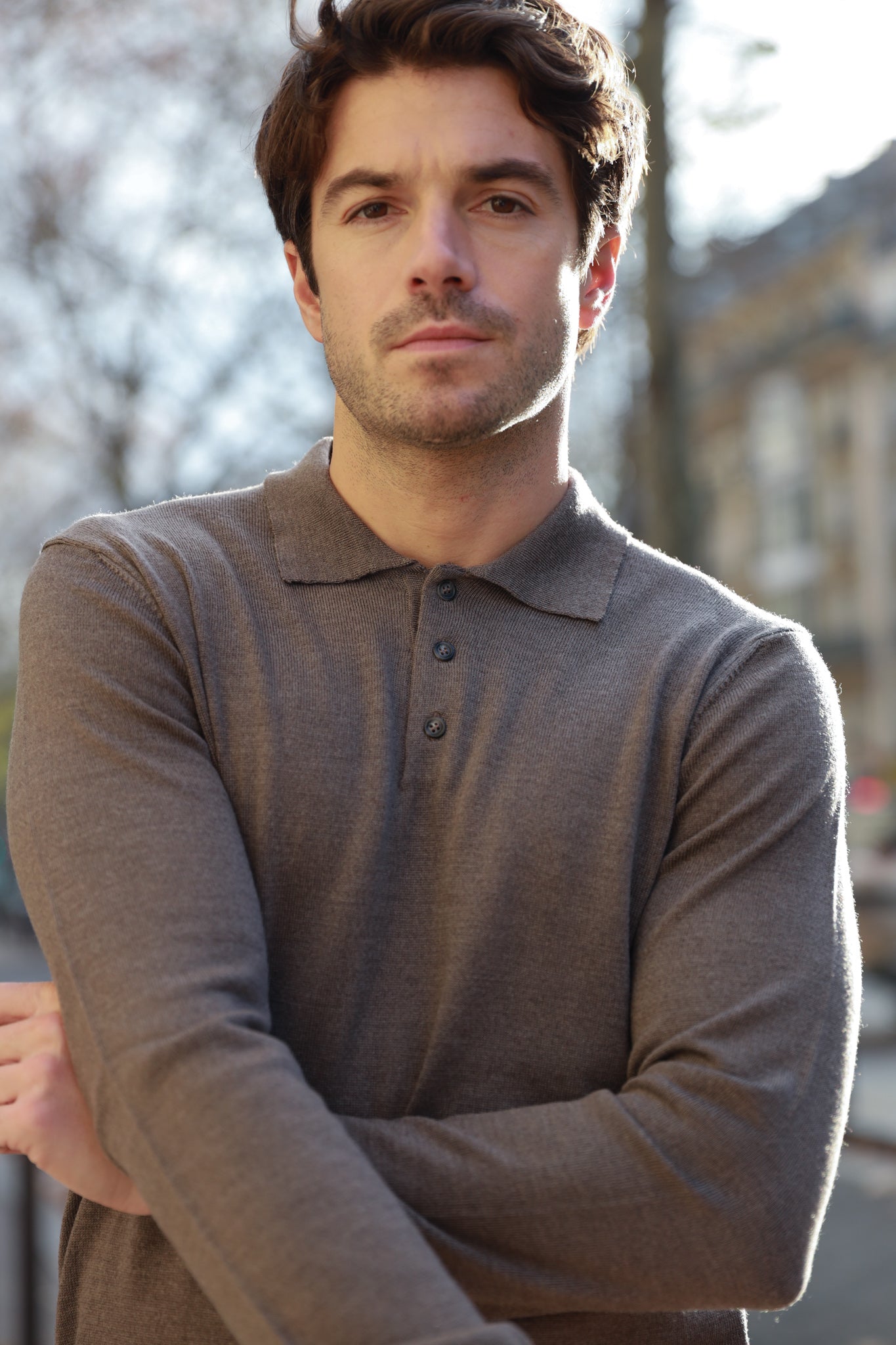 Polo manche longue en laine mérinos - Beige-PULL HOMME-Curling-Paris