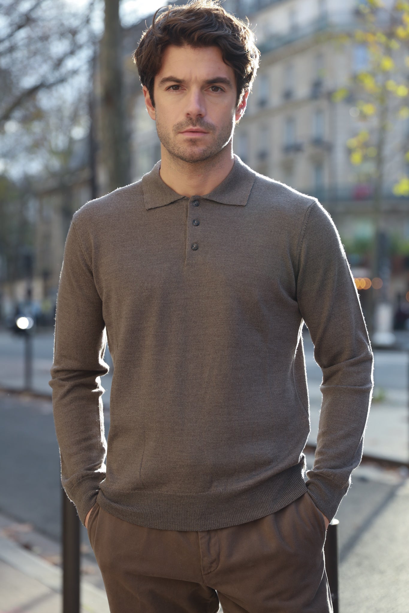 Polo manche longue en laine mérinos - Beige-PULL HOMME-Curling-Paris