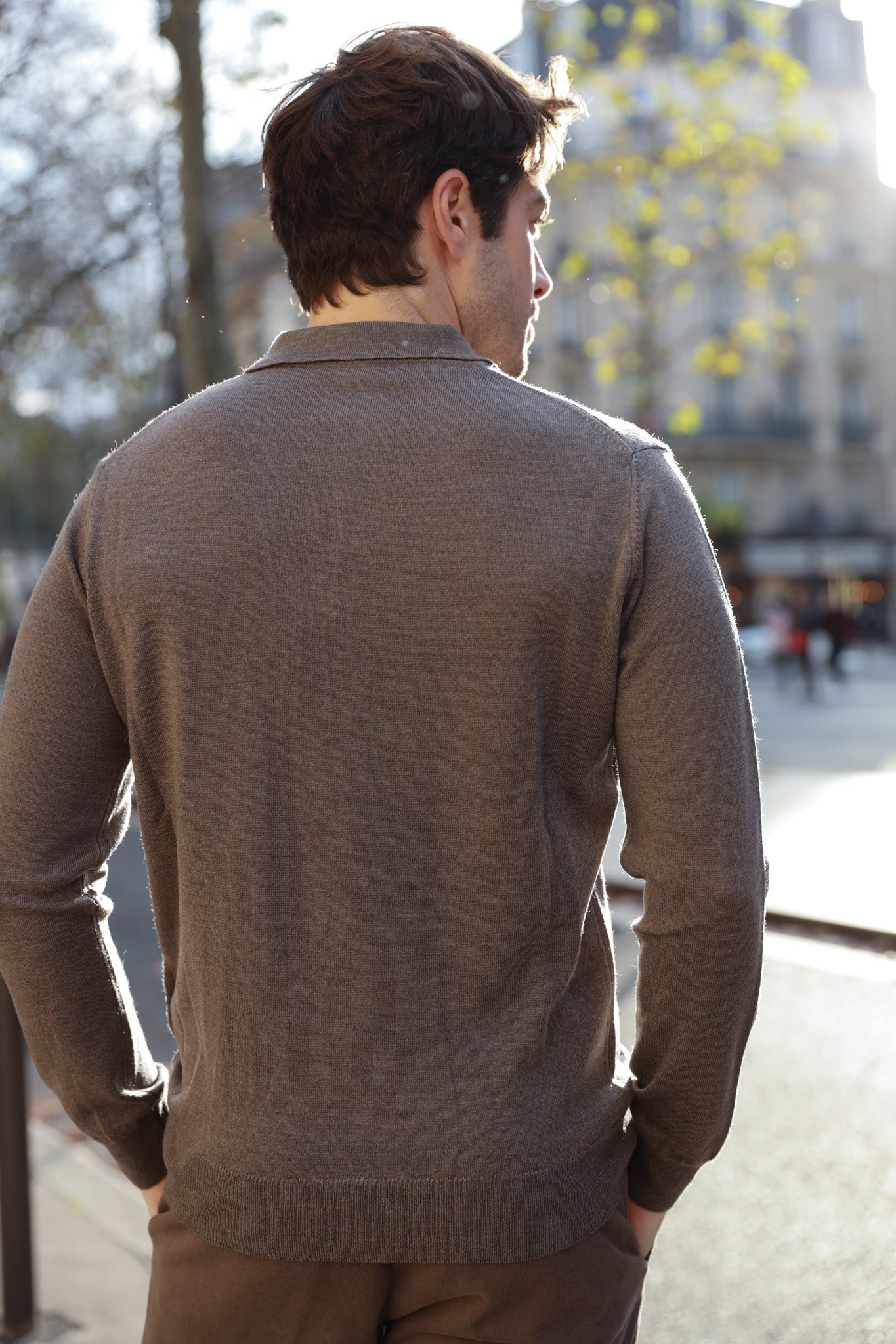 Polo manche longue en laine mérinos - Beige-PULL HOMME-Curling-Paris