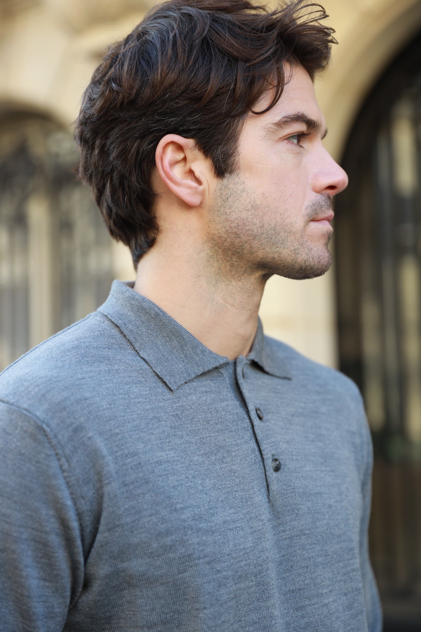 Polo manche longue en laine mérinos - Gris-PULL HOMME-Curling-Paris