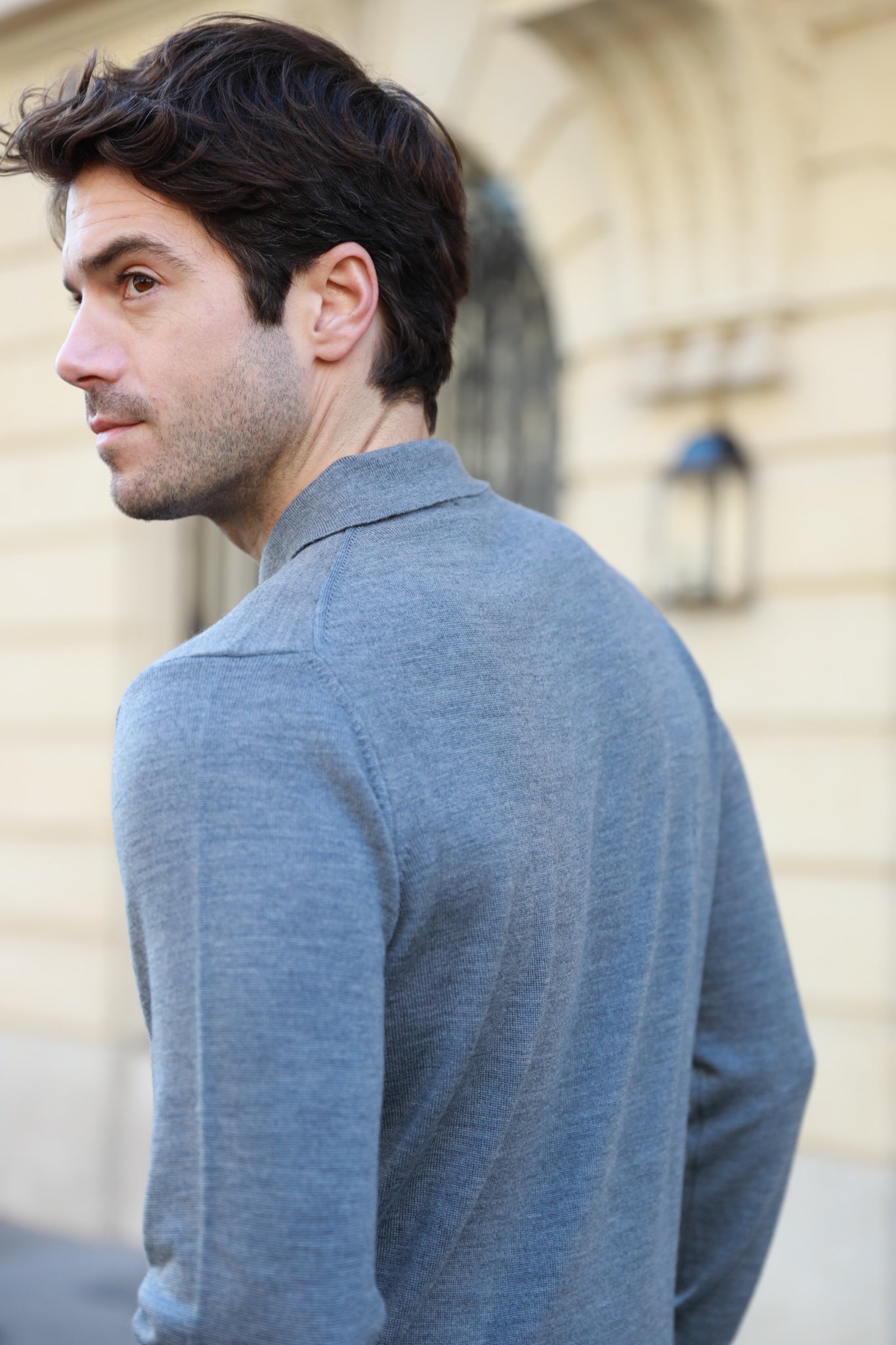 Polo manche longue en laine mérinos - Gris-PULL HOMME-Curling-Paris