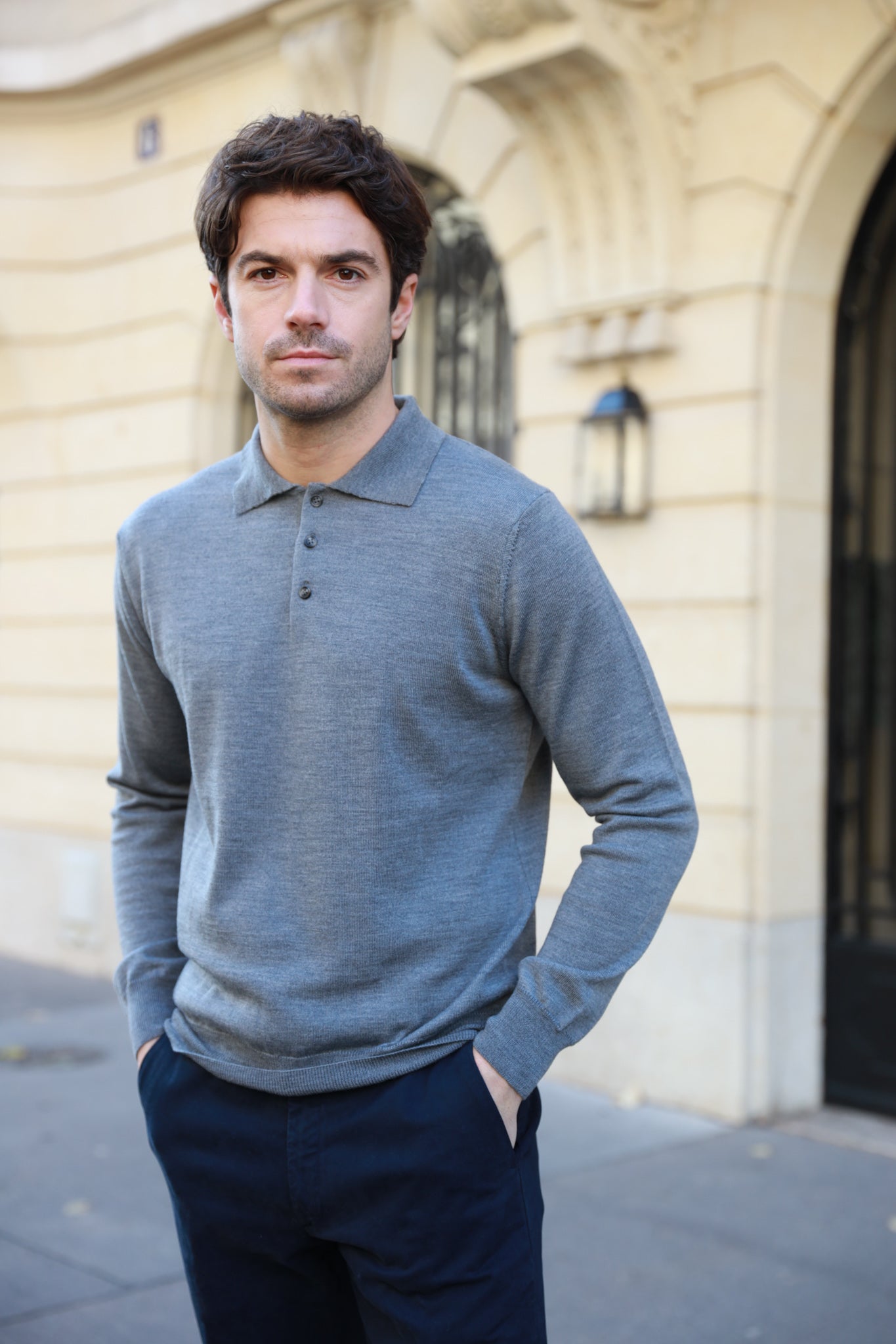 pull polo homme manche longue en laine mérinos Gris - Curling Paris