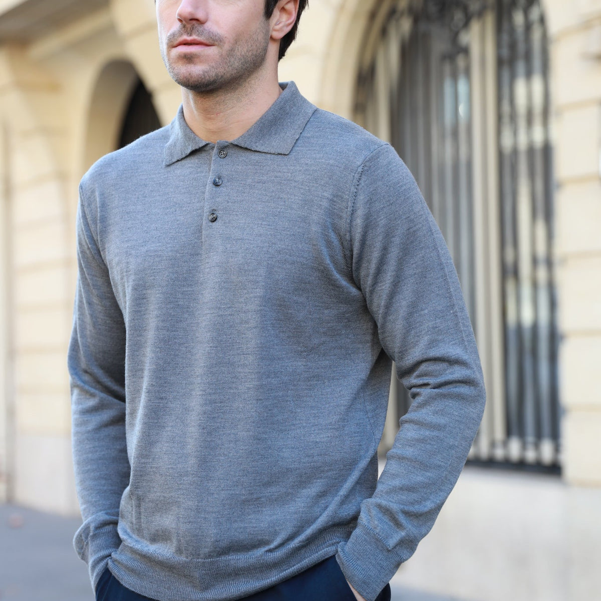 Polo manche longue en laine mérinos Gris - Main Image