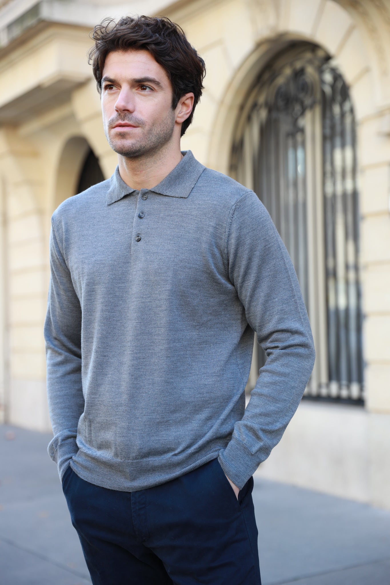 Polo manche longue en laine mérinos - Gris-PULL HOMME-Curling-Paris