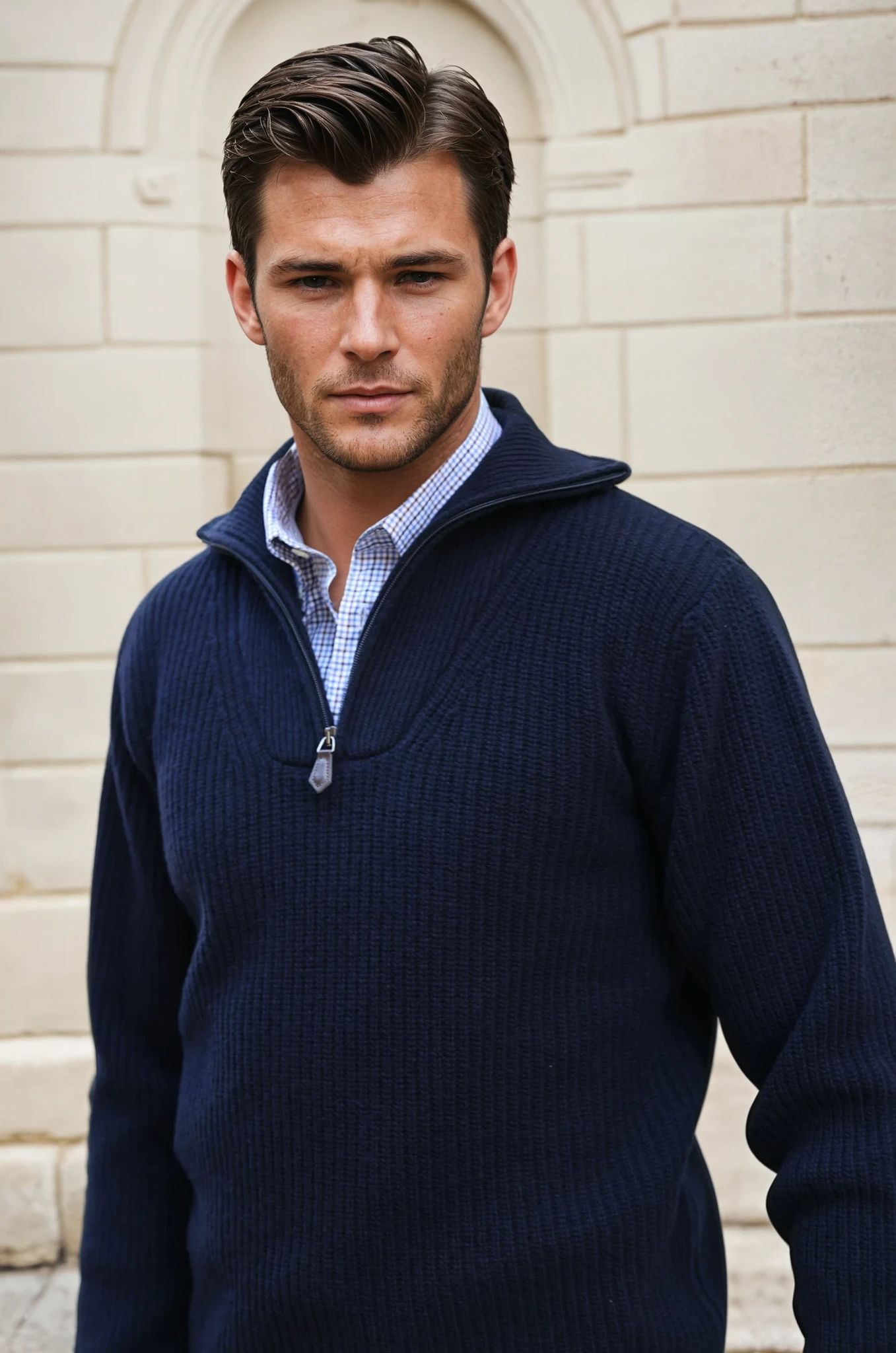 Pull Alonzo col zippé 100% laine - Marine-PULL HOMME-Curling-Paris