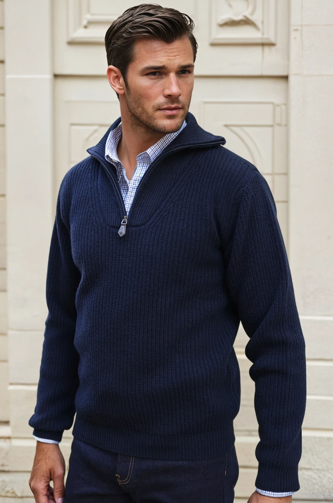 Pull Alonzo col zippé 100% laine - Marine-PULL HOMME-Curling-Paris