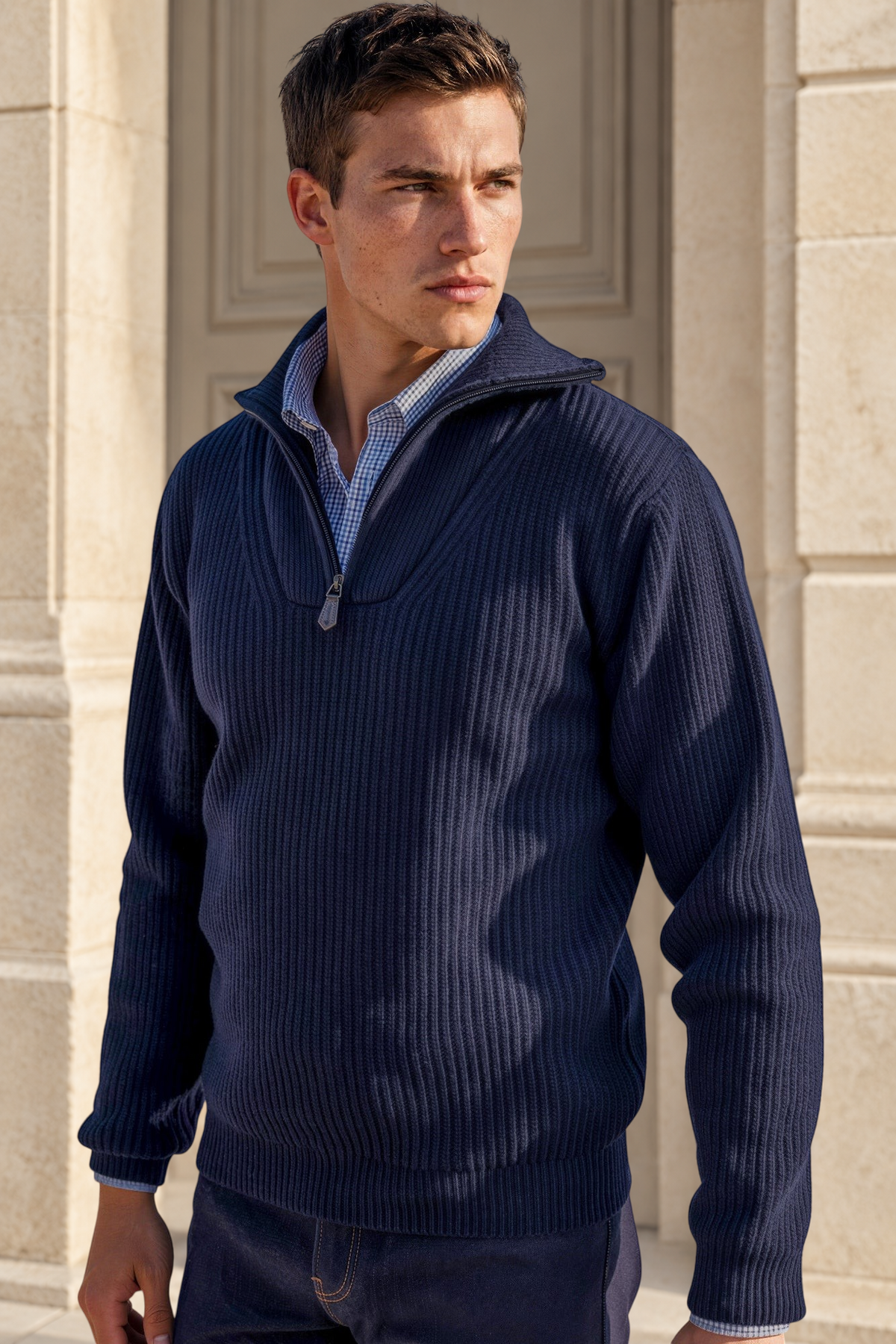Pull Alonzo col zippé 100% laine - Marine-PULL HOMME-Curling-Paris